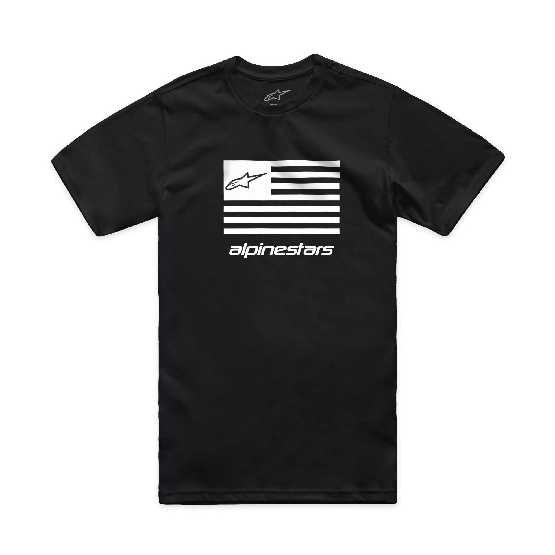 Black Alpinestars Flag CSF tee, front view with white flag-style Alpinestars graphic