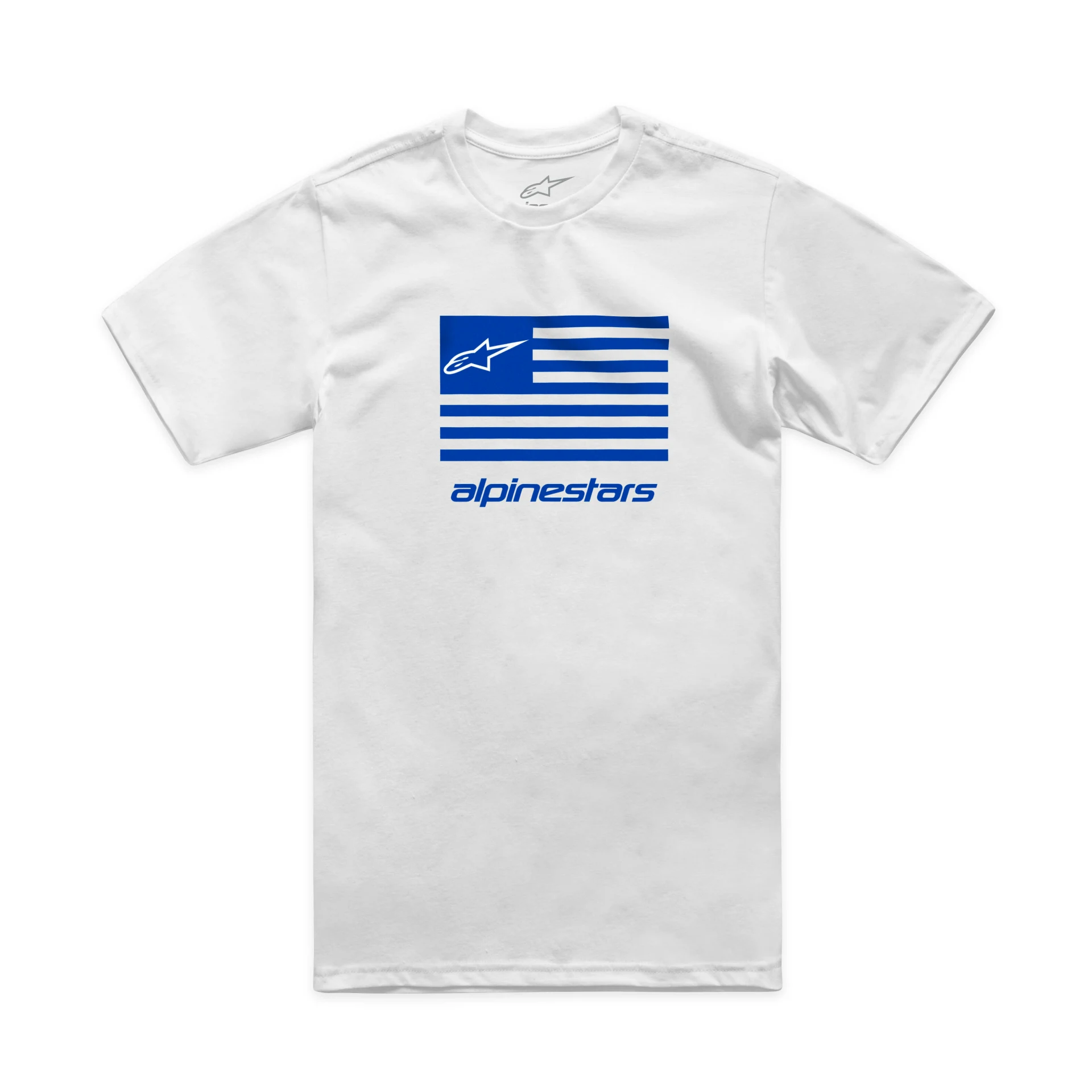 White Alpinestars Flag CSF tee, front view with blue flag-style Alpinestars graphic
