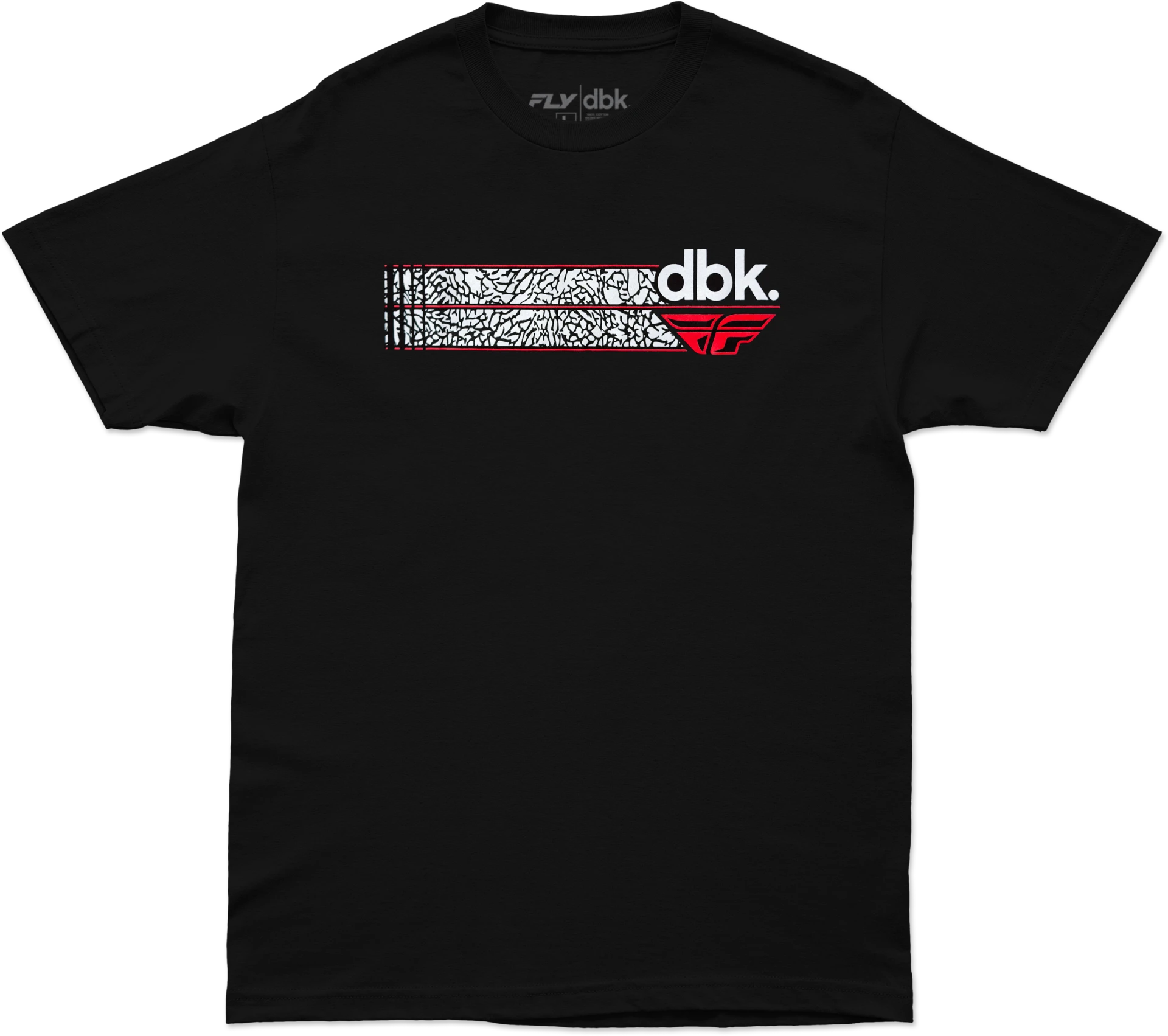 Black Fly Racing DBK Elephant tee, front view with white and red Fly and dbk chest graphic