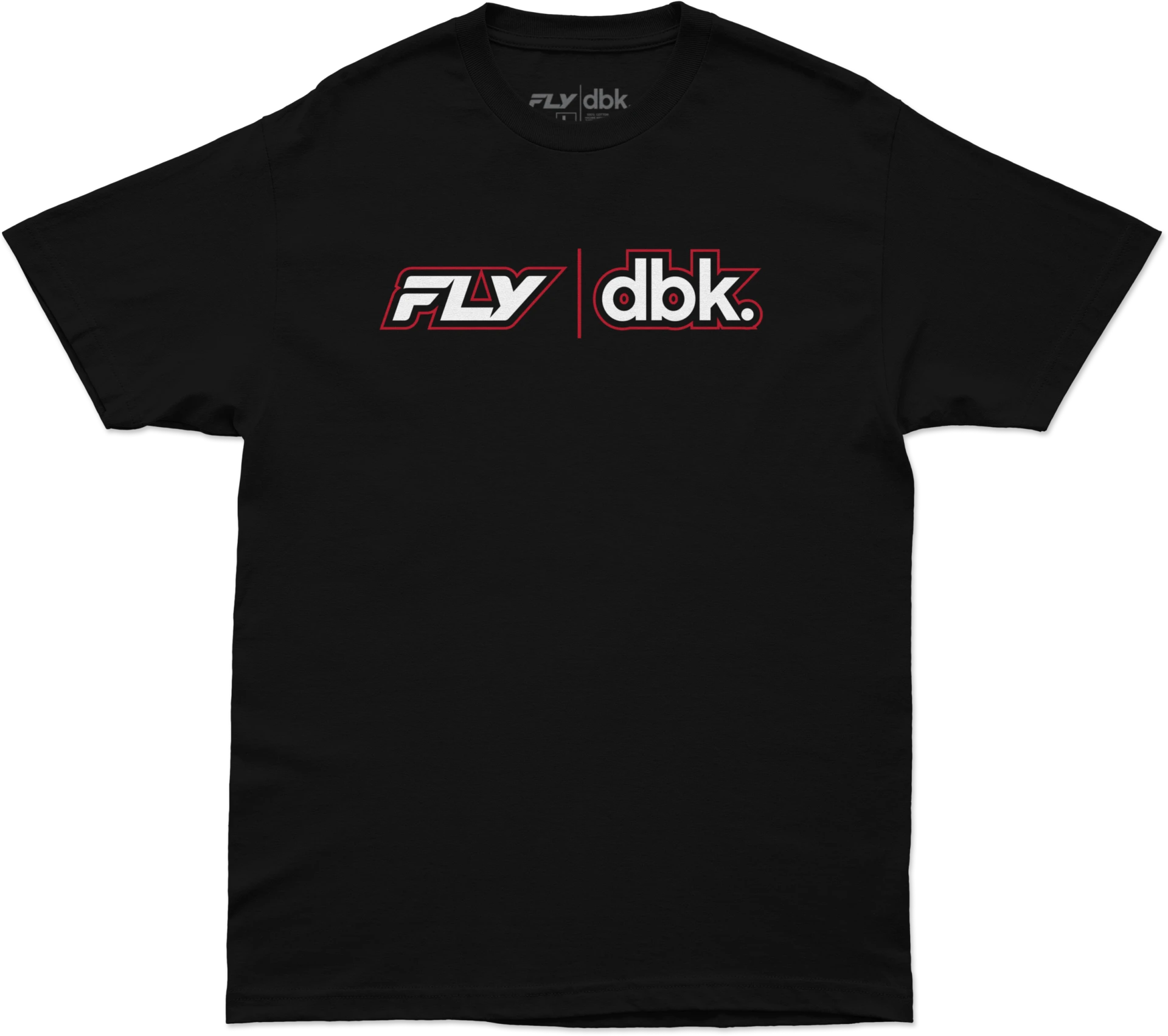 Black Fly Racing DBK tee, front view with Fly and dbk logos side by side on the chest