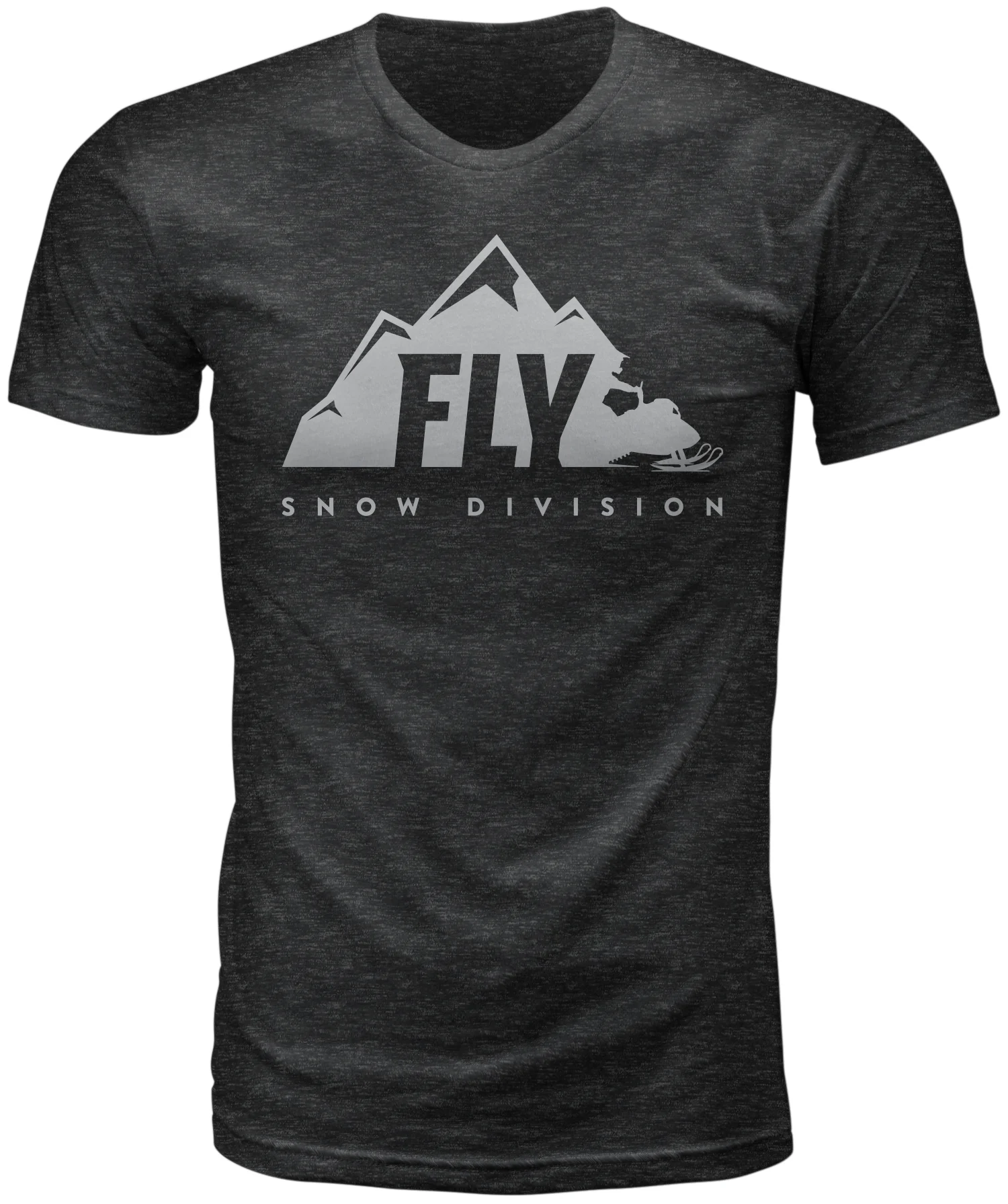 Black heather Fly Racing Focus tee, front view with grey mountain Fly Snow Division graphic