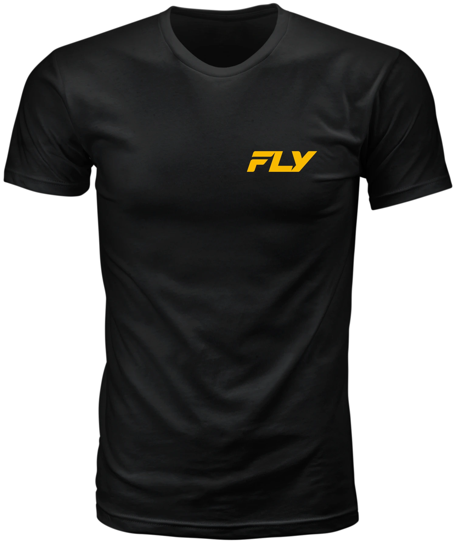 Black Fly Racing Freeride tee, front view with small yellow Fly chest logo