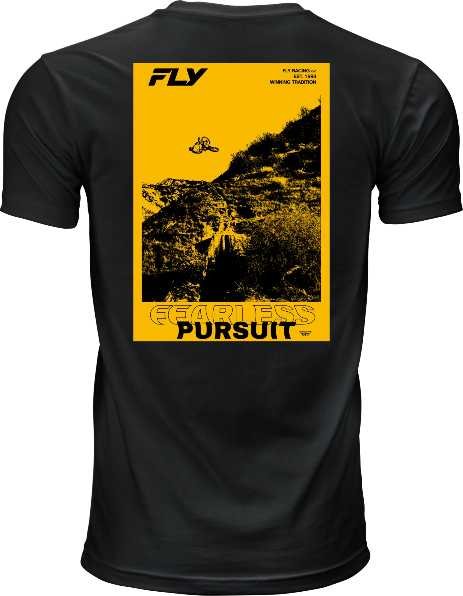 Black Fly Racing Freeride tee, back view with large yellow mountain photo graphic