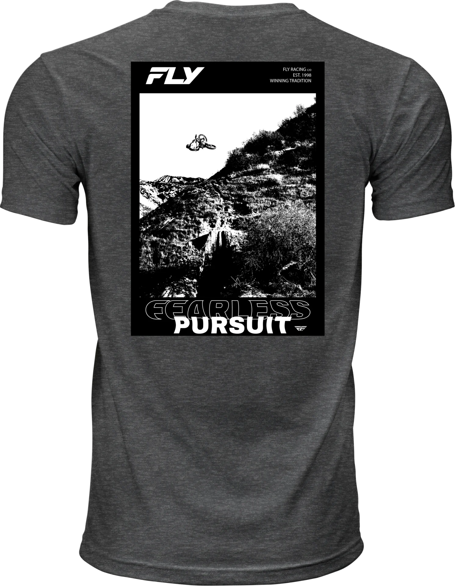 Grey Fly Racing Freeride tee, back view with large black and white mountain photo graphic