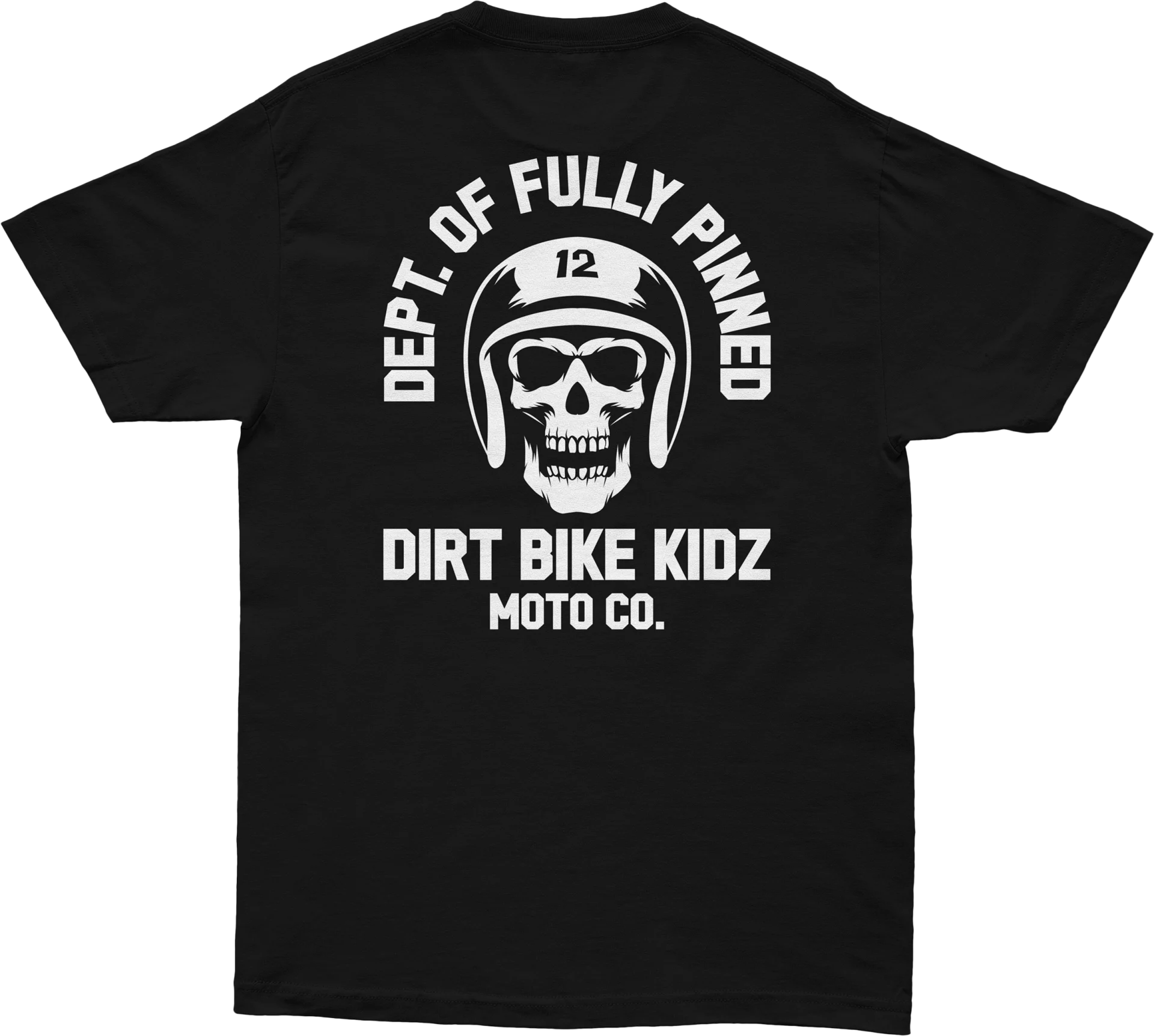 Black DBK Fully Pinned tee, back view with white Dept. of Fully Pinned skull graphic