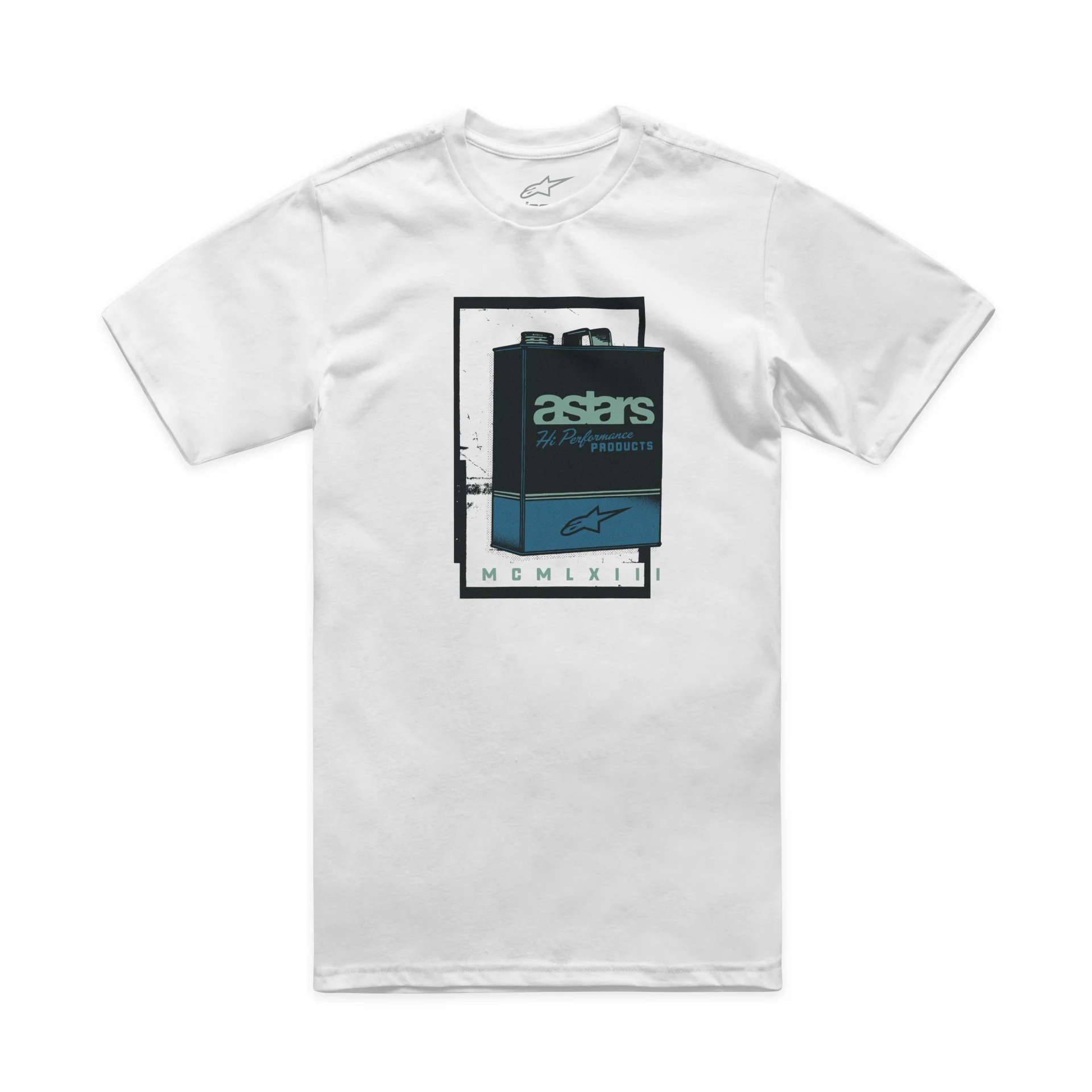 Alpinestars Galun CSF Tee in white, front view with vintage gas-can graphic