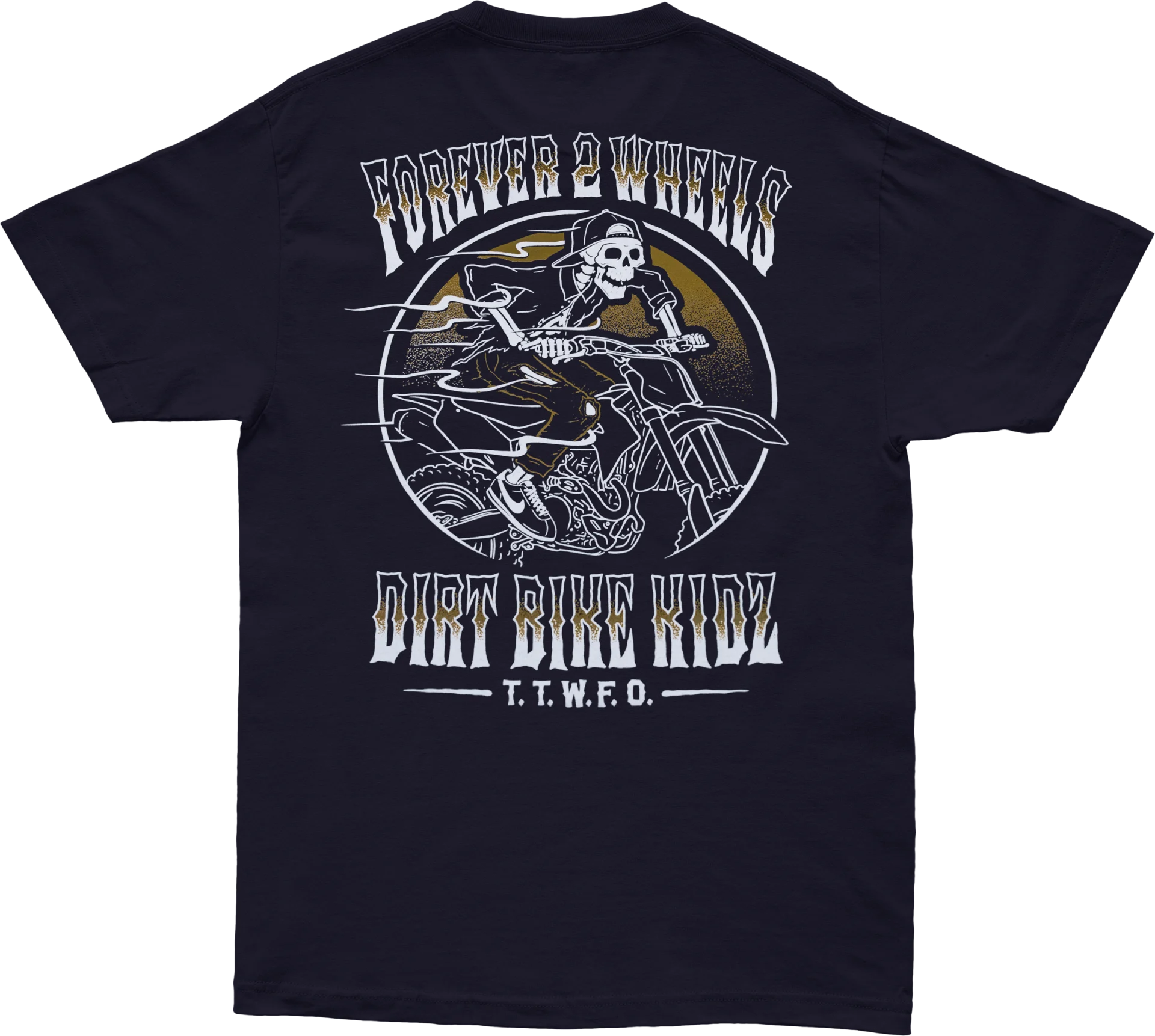 DBK Ghost Rider Tee in navy, back view with Forever 2 Wheels skeleton rider graphic