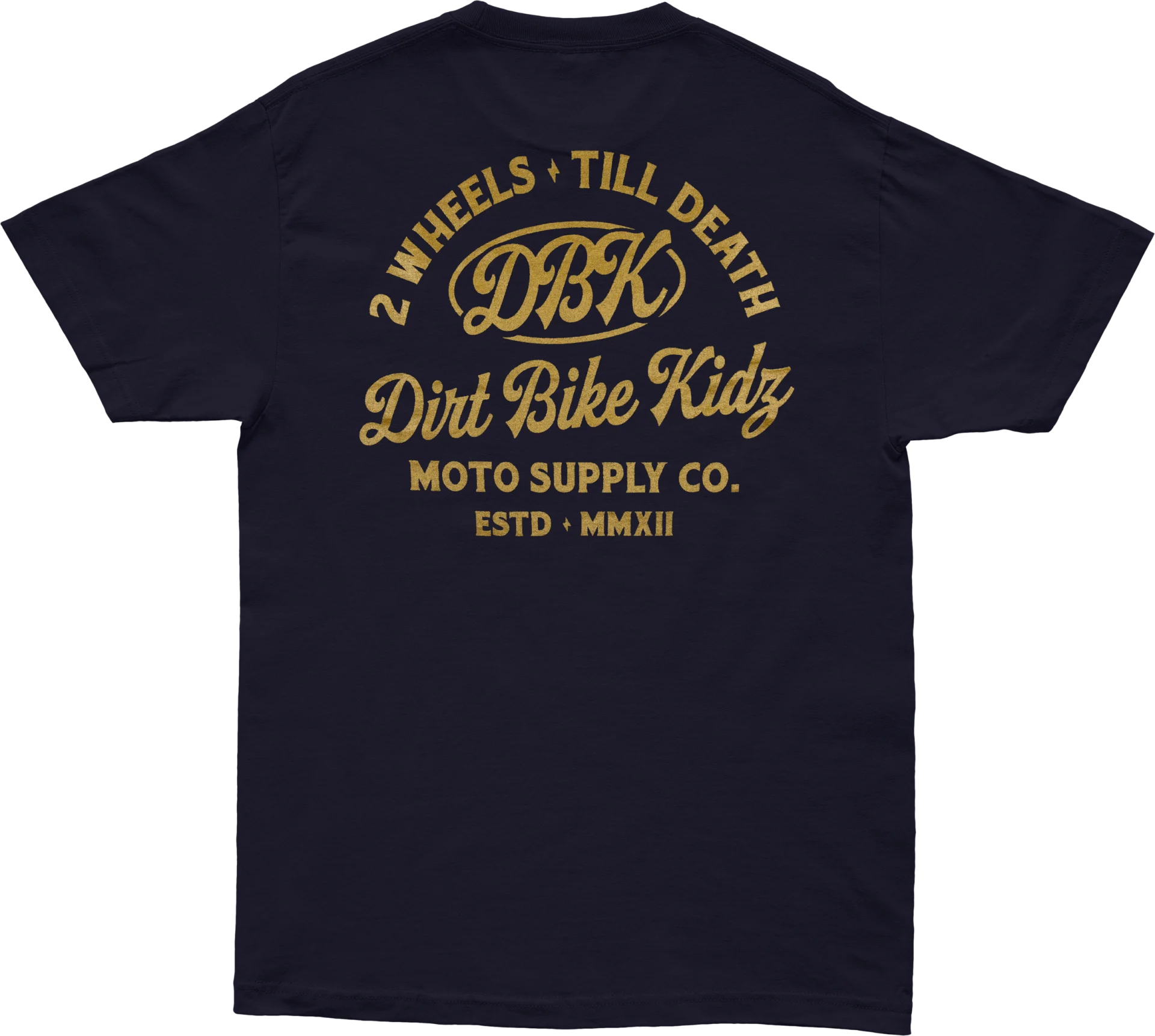 DBK Gold Nugget Tee in navy, back view with 2 Wheels Till Death Dirt Bike Kidz Moto Supply Co. graphic