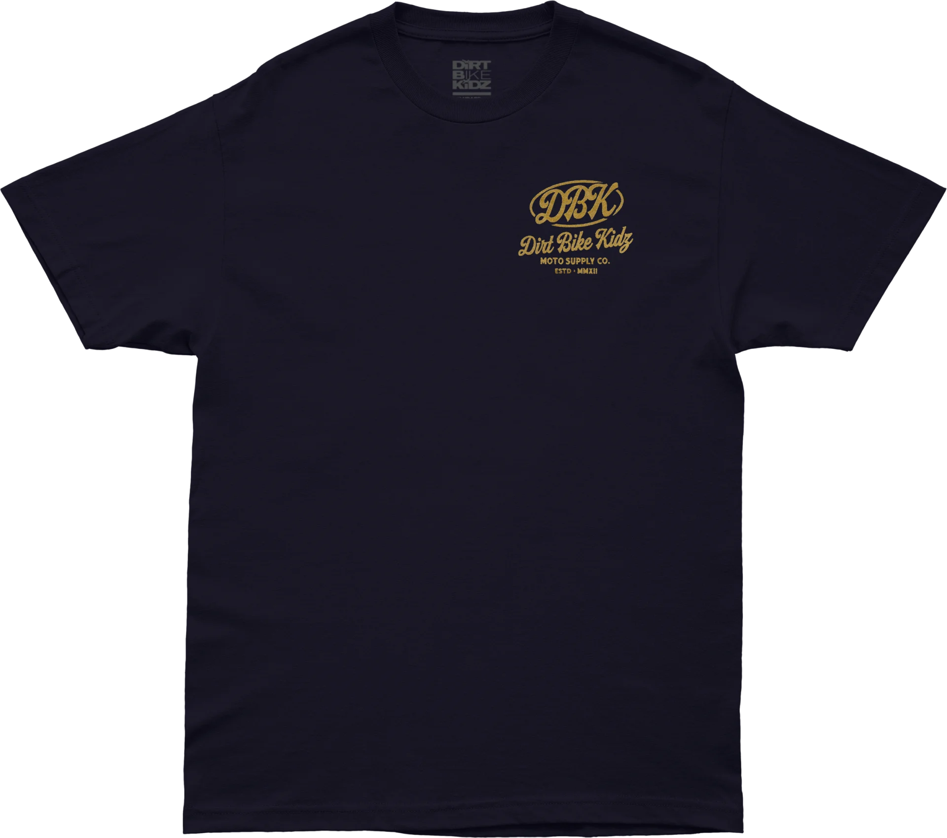DBK Gold Nugget Tee in navy, front view with small chest logo