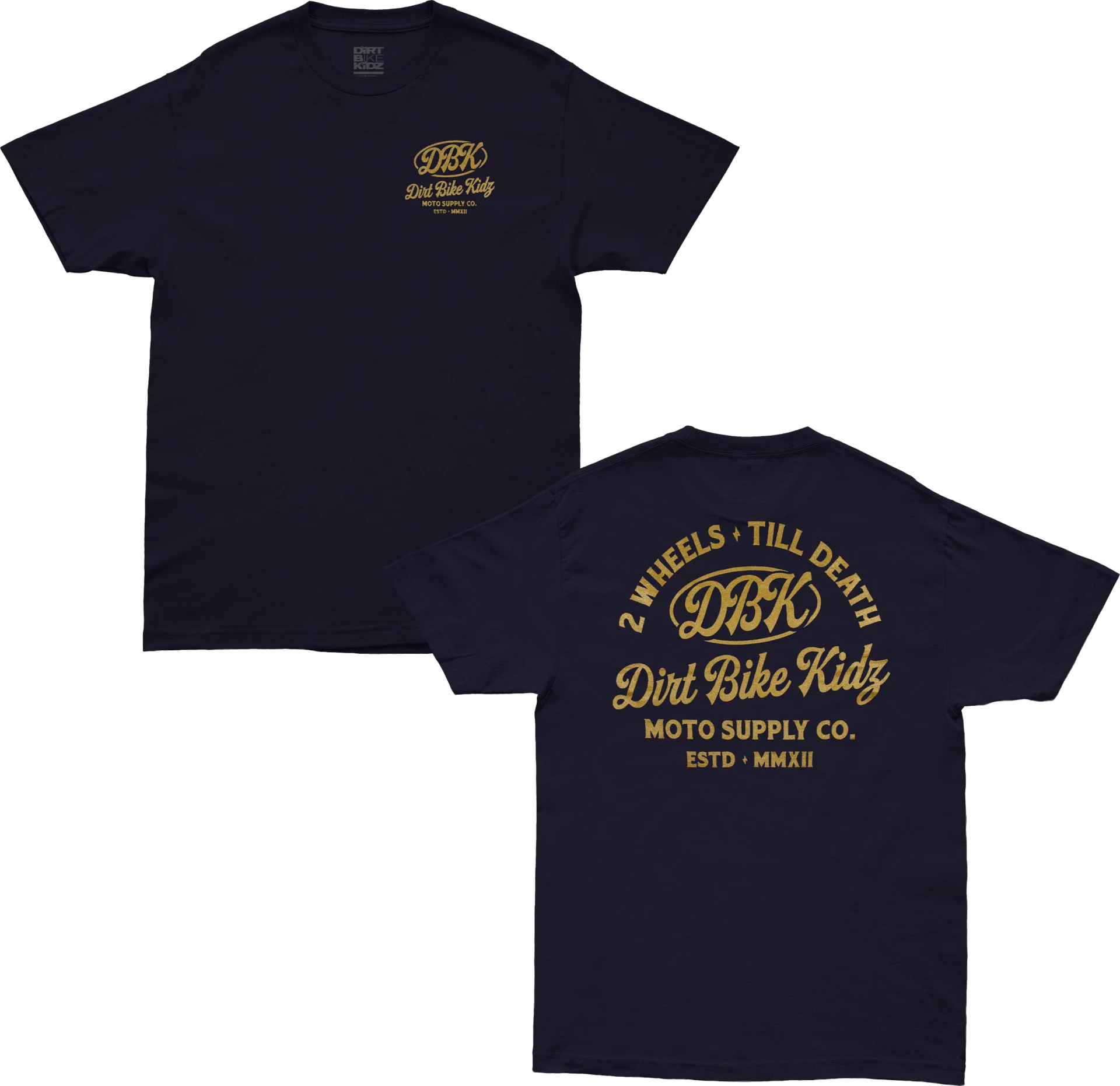 DBK Gold Nugget Tee in navy, front and back views side by side