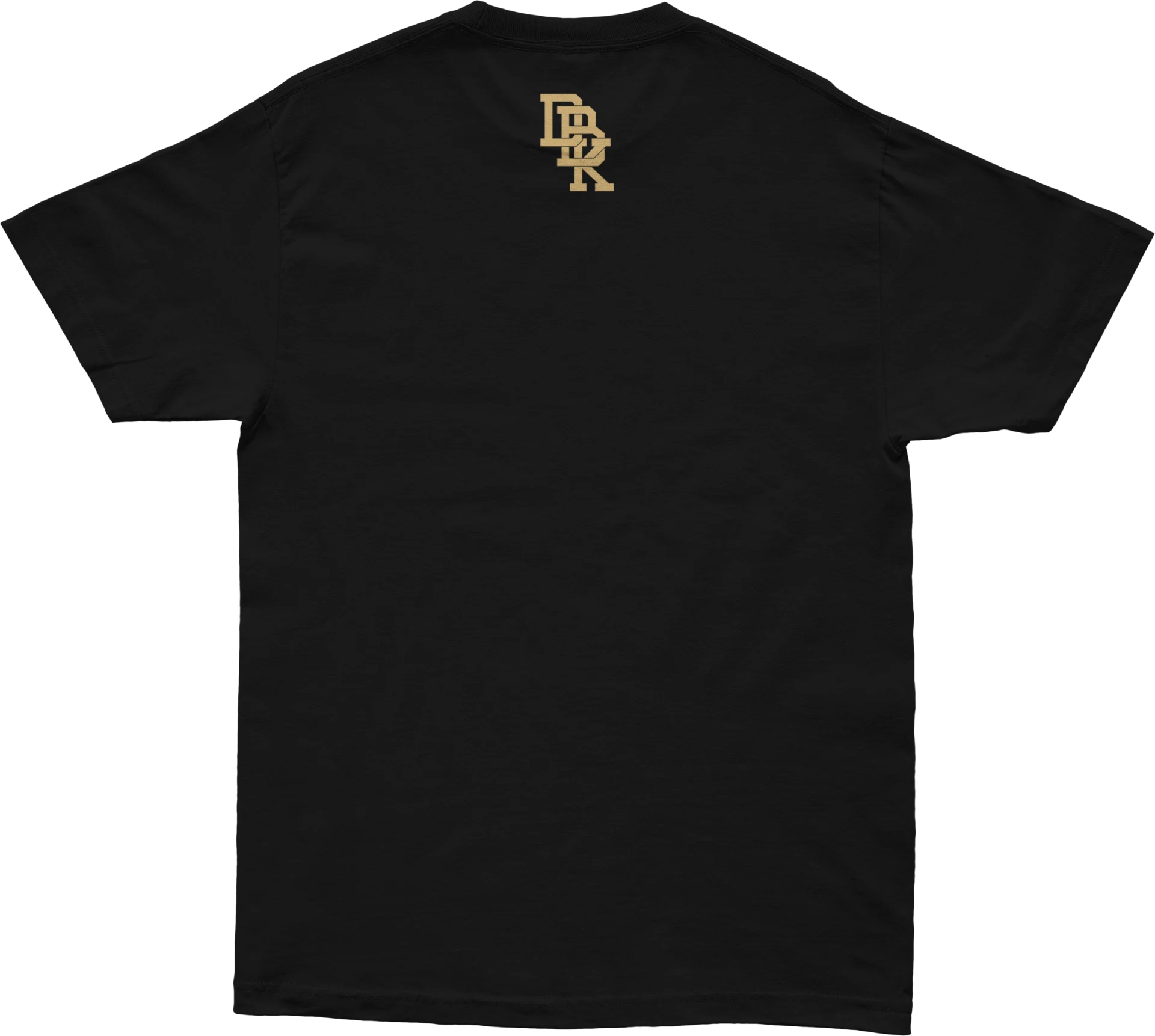 DBK Gold Standard Tee in black, back view with small DK monogram below the collar