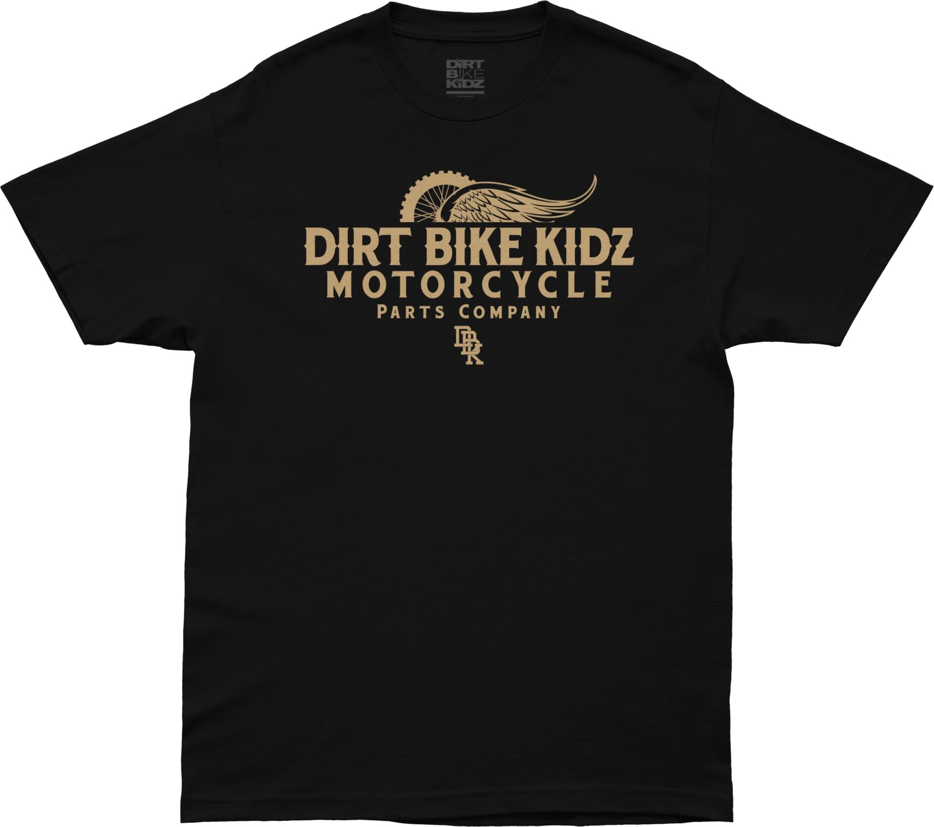 DBK Gold Standard Tee in black, front view with tan Dirt Bike Kidz Motorcycle Parts Company graphic