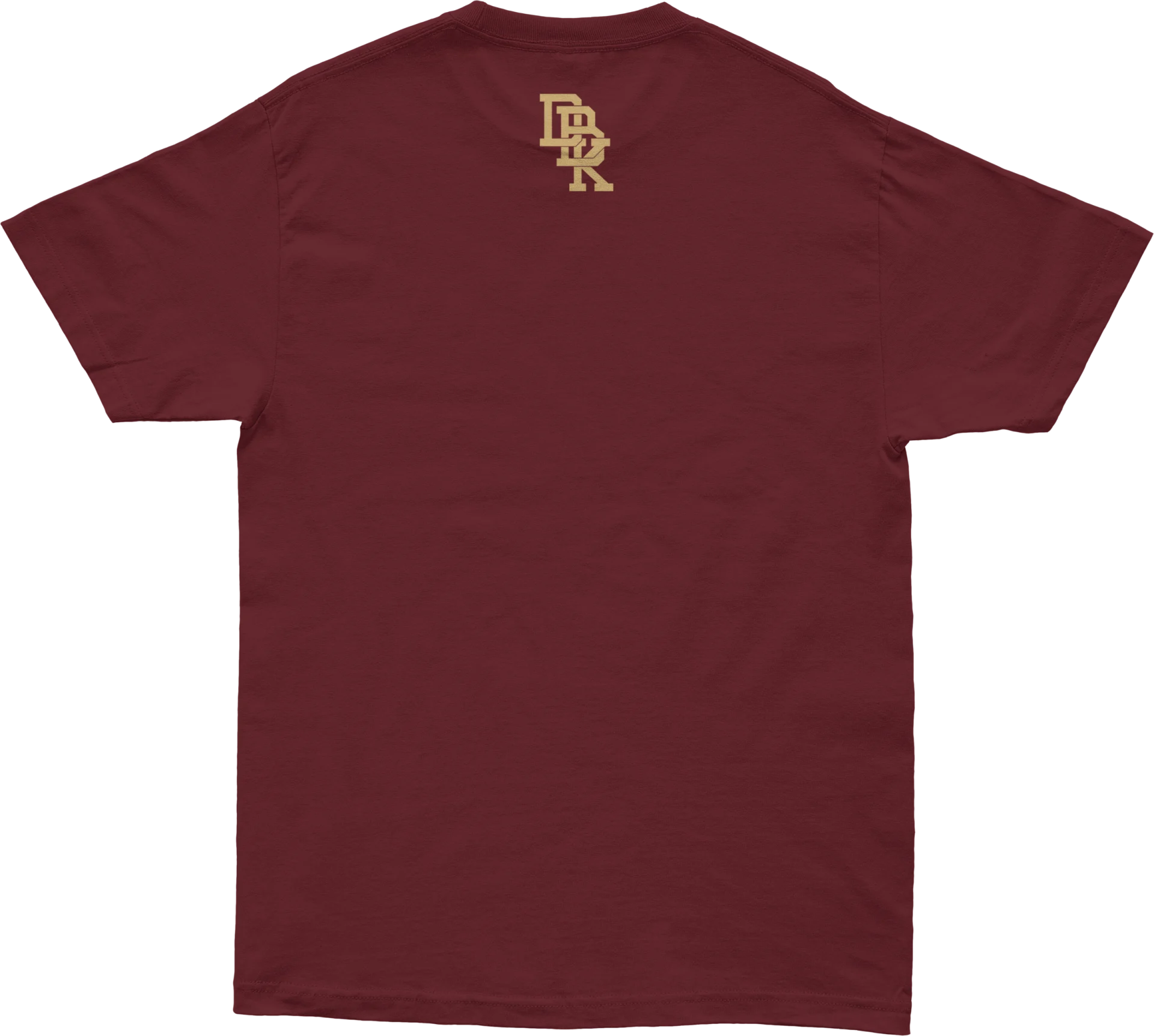 DBK Gold Standard Tee in maroon, back view with small DK monogram below the collar