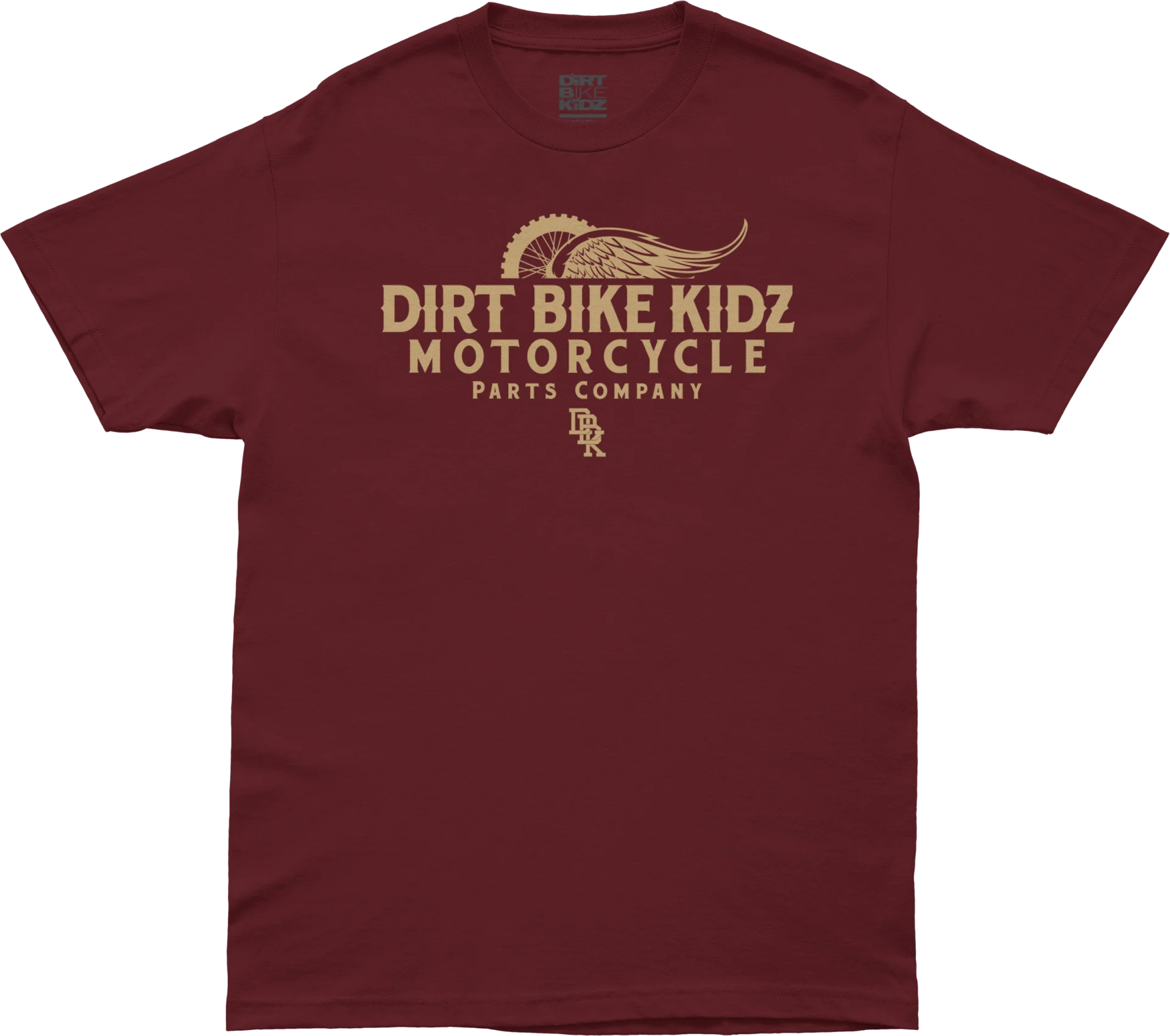 DBK Gold Standard Tee in maroon, front view with tan Dirt Bike Kidz Motorcycle Parts Company graphic
