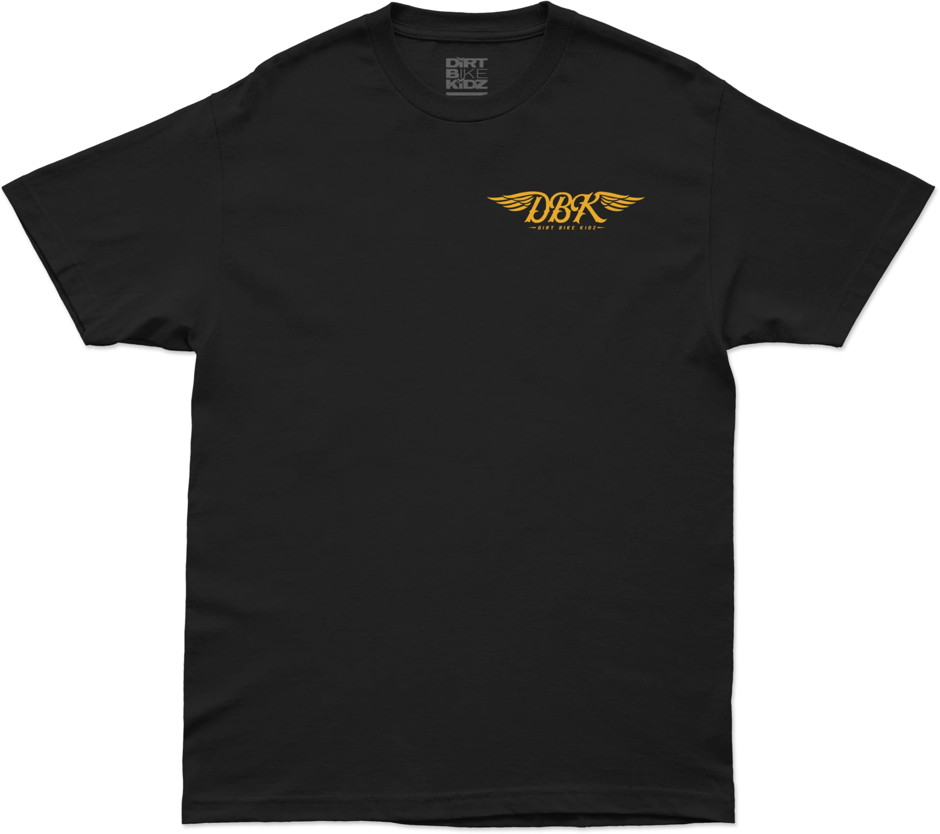 DBK Goldwings Tee in black, front view with small gold winged DBK chest logo