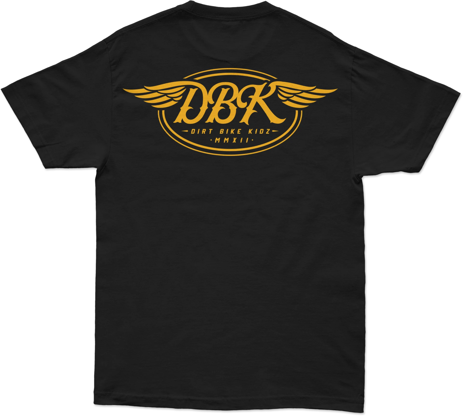 DBK Goldwings Tee in black, back view with large gold winged DBK logo