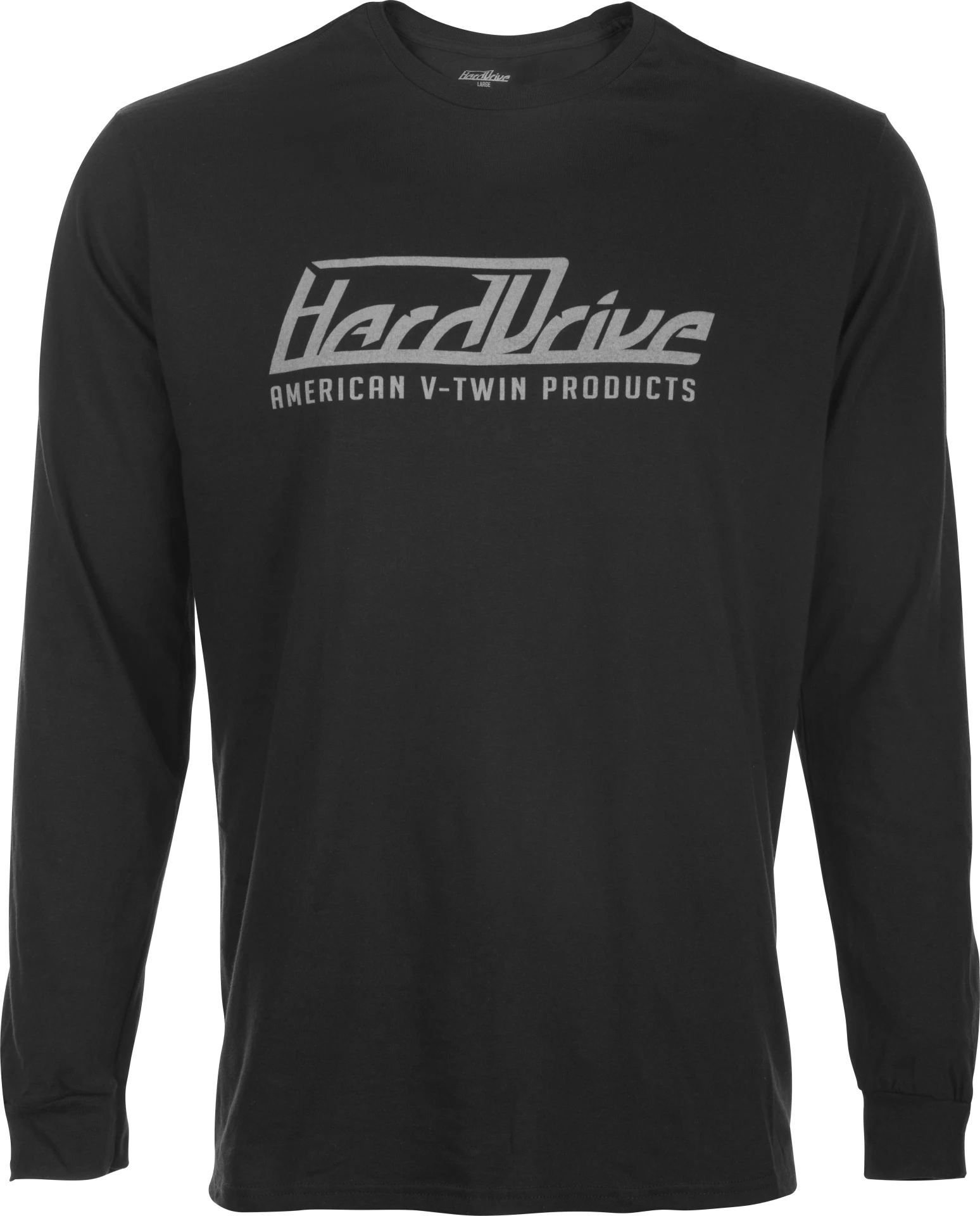 HardDrive Long Sleeve Tee in black, front view with grey HardDrive script logo across the chest