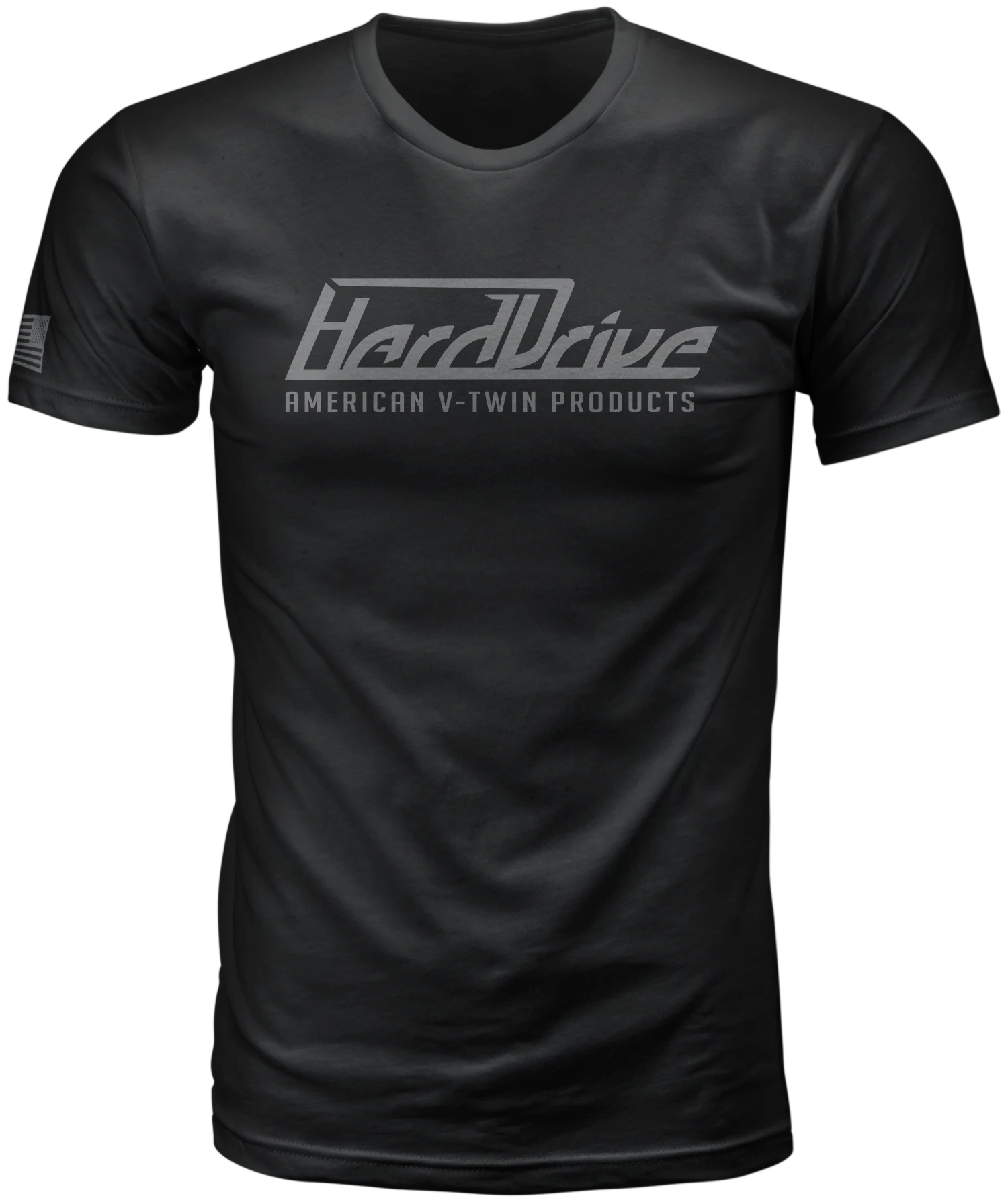 HardDrive Tee in black with grey HardDrive American V-Twin Products logo, front view