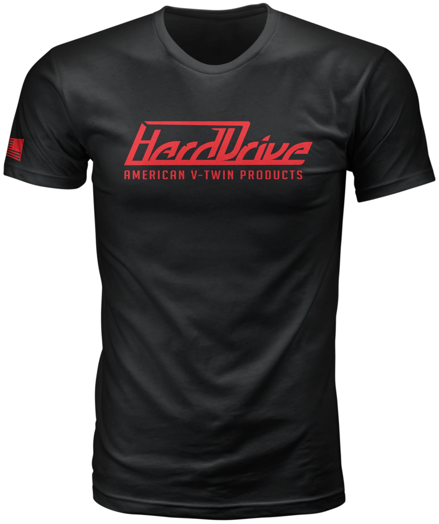 HardDrive Tee in black with red HardDrive American V-Twin Products logo, front view