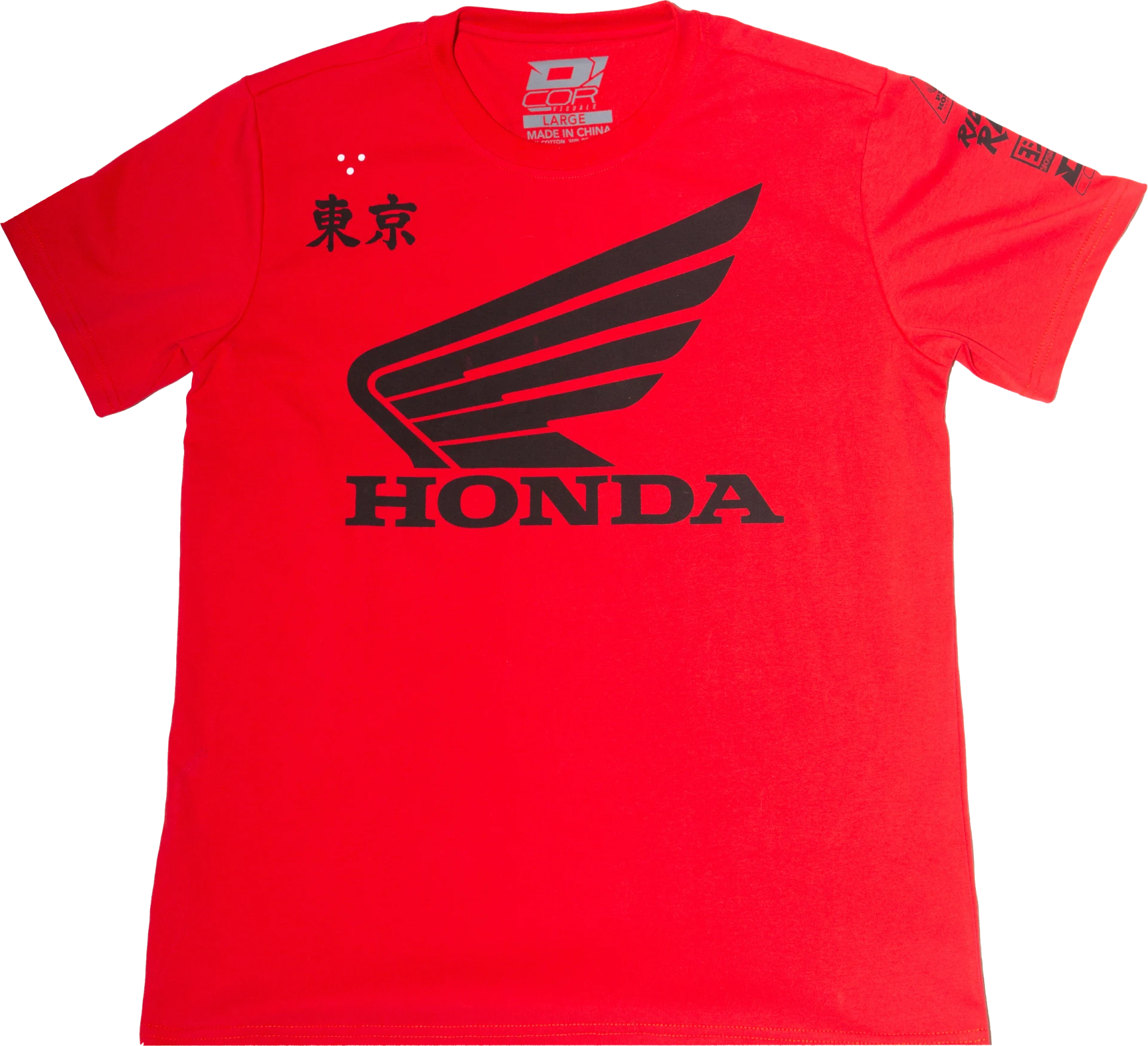 D'Cor Honda Factory T-Shirt in red, front view with large black Honda wing logo