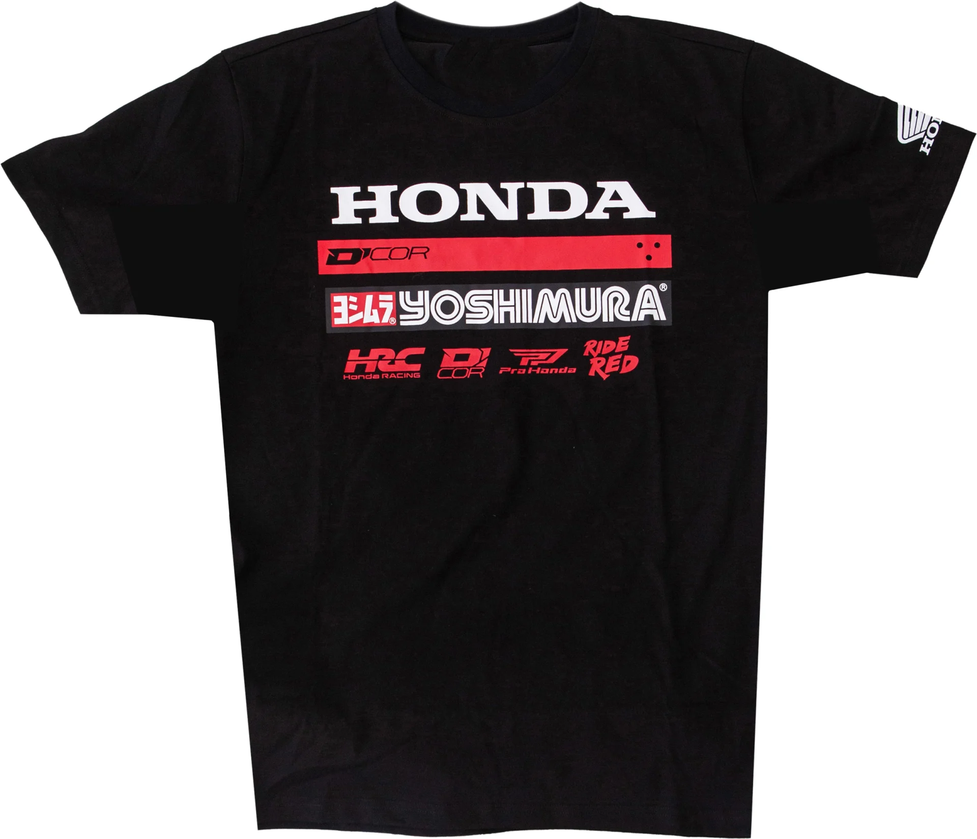 D'Cor Honda Factory2 Tee in black, front view with Honda, D'Cor and Yoshimura graphics