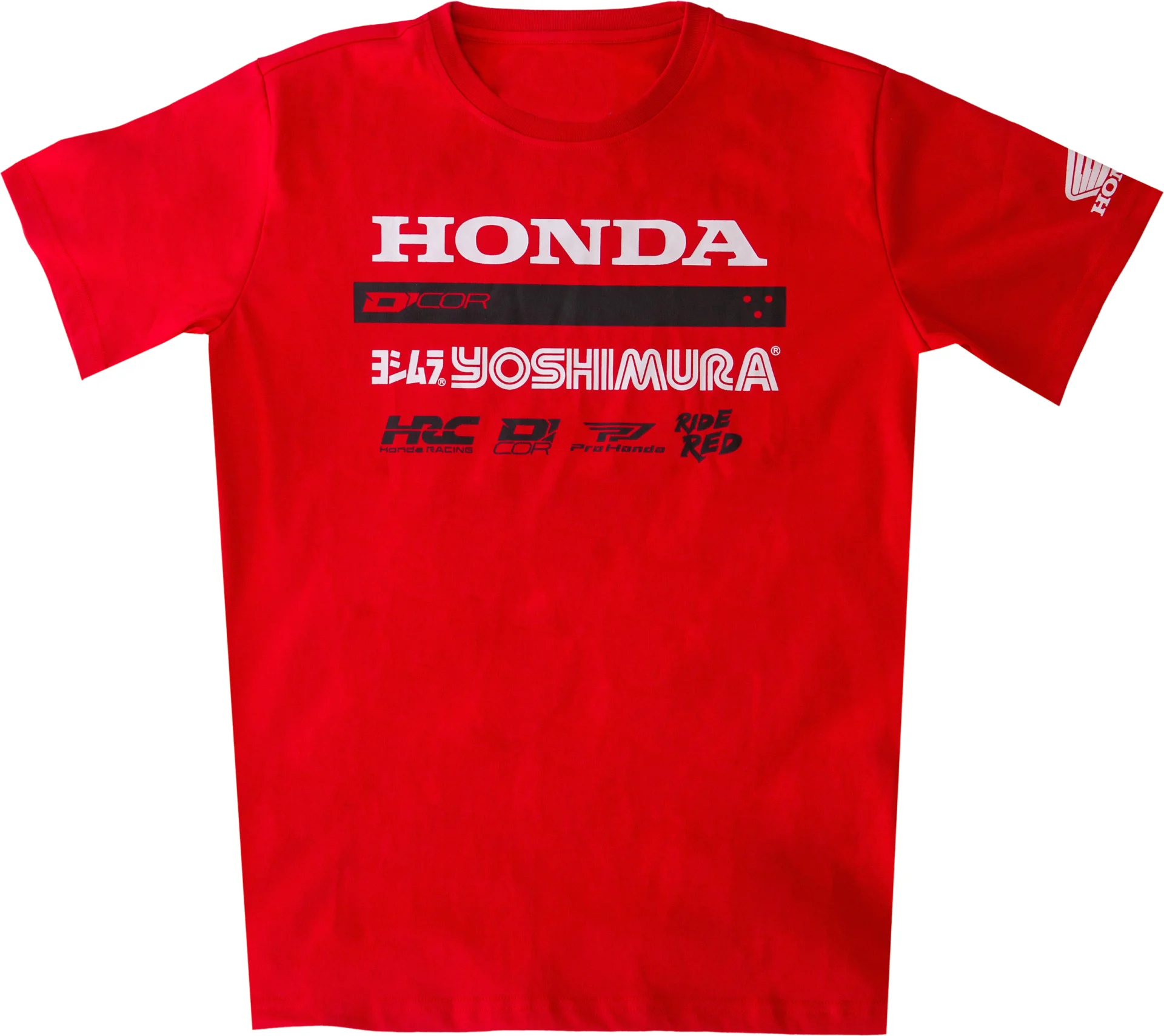 D'Cor Honda Factory2 Tee in red, front view with Honda, D'Cor and Yoshimura graphics