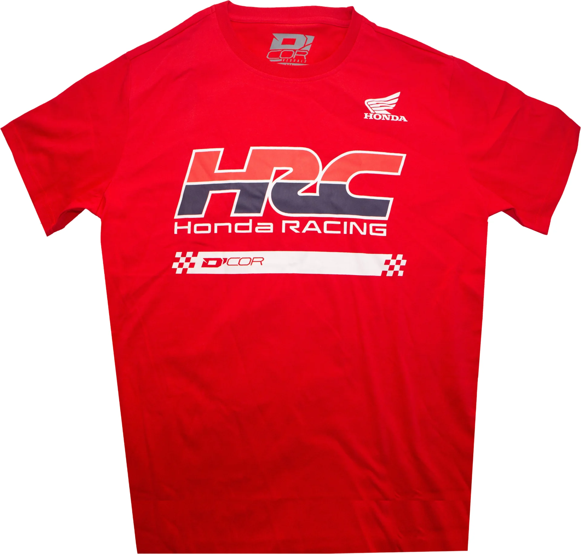 D'Cor Honda HRC2 Tee in red, front view with large HRC Honda Racing graphic