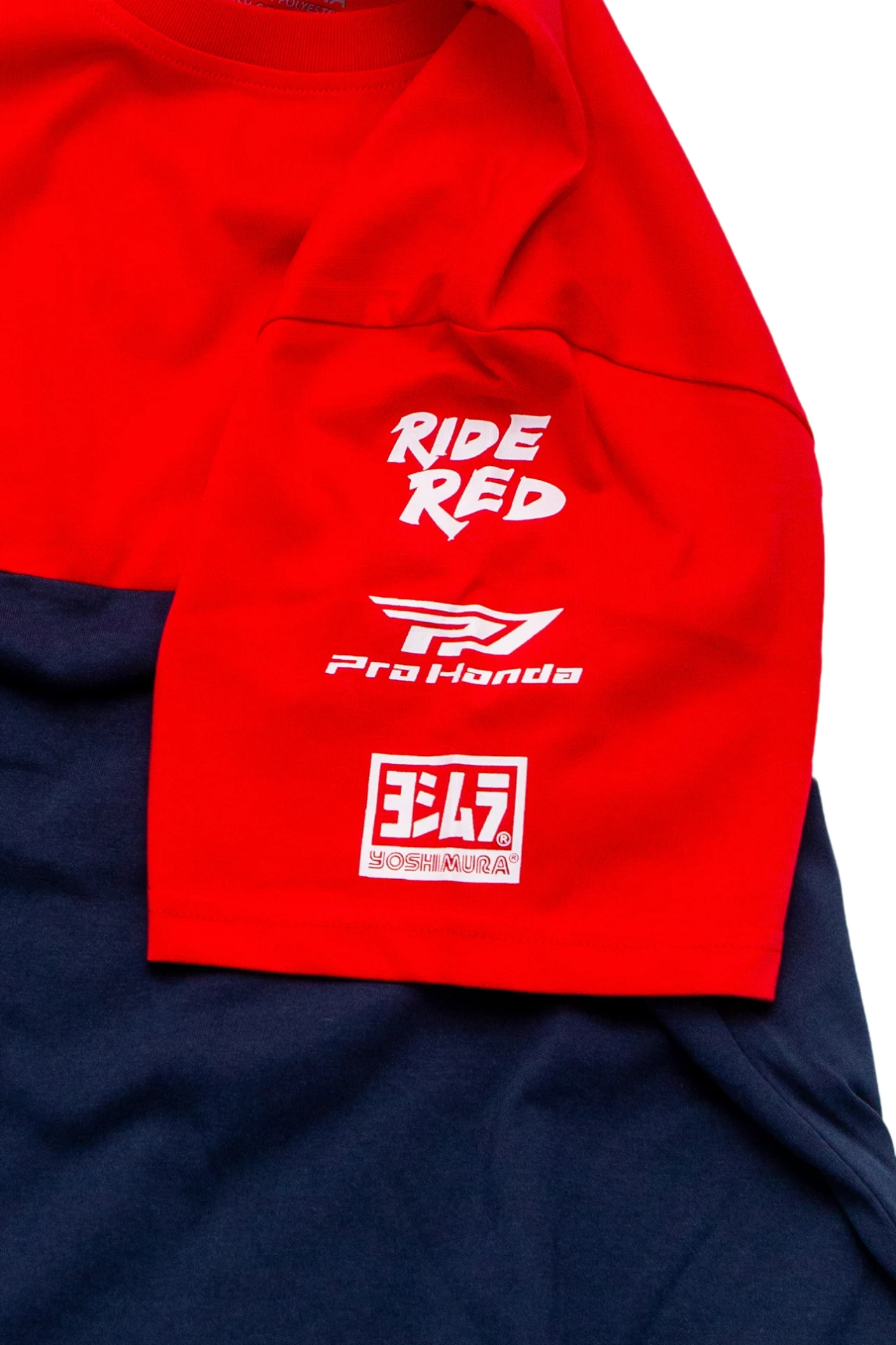 D'Cor Honda Team2 Tee in red and navy, sleeve detail with Ride Red, Pro Honda and Yoshimura logos
