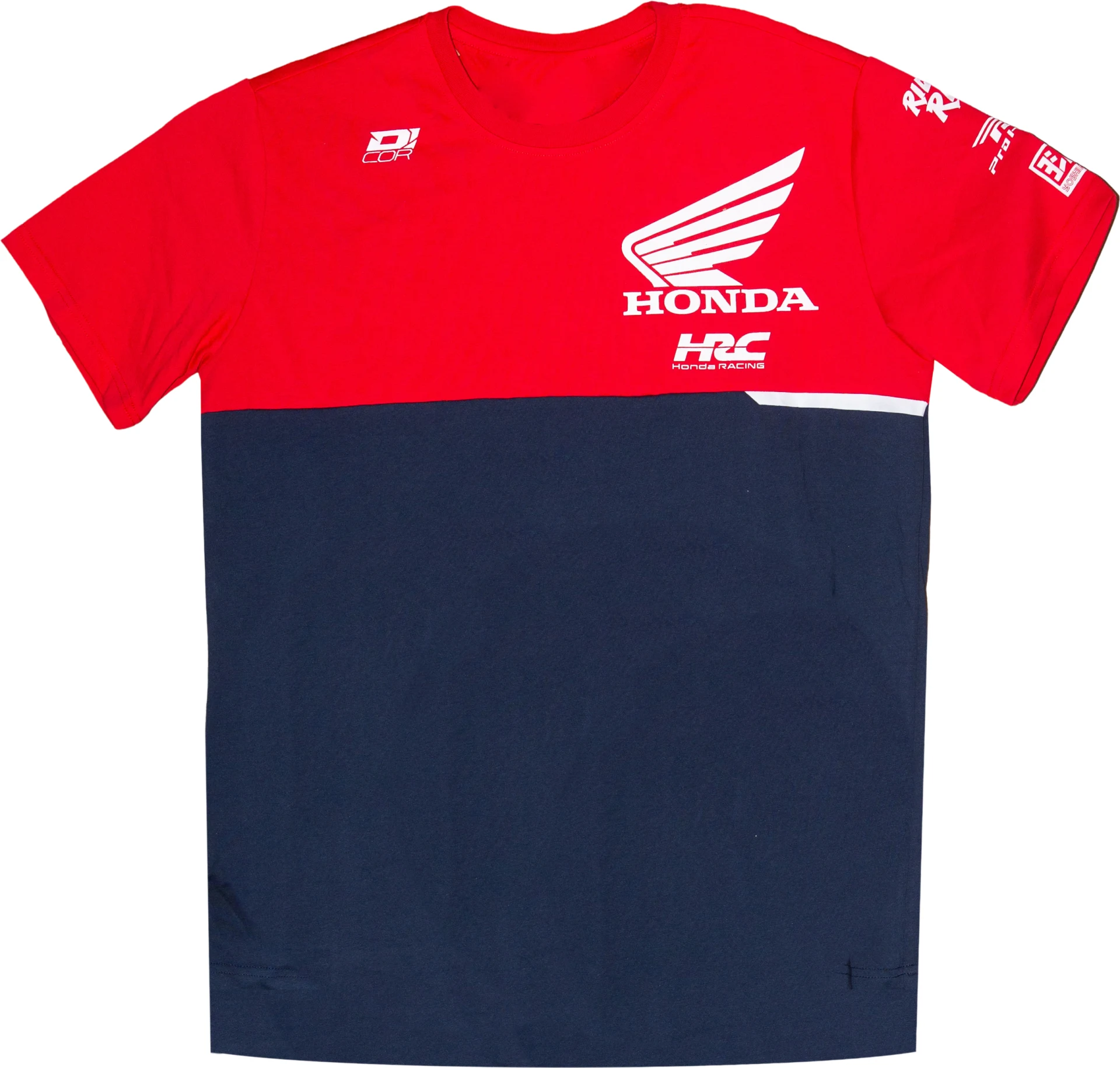 D'Cor Honda Team2 Tee in red and navy, front view with Honda wing and HRC logos