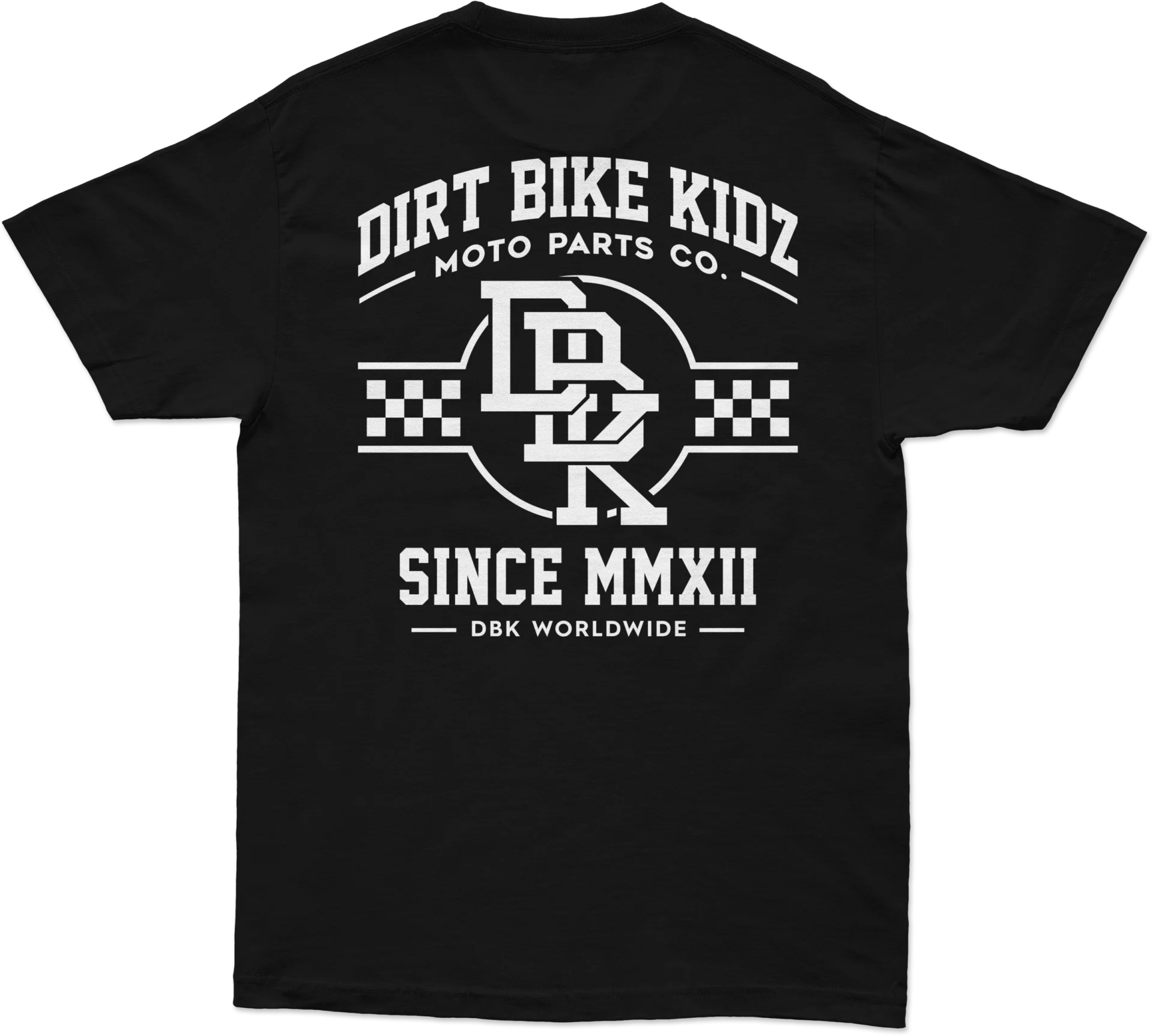 DBK Hot Rod Tee in black, back view with Dirt Bike Kidz Moto Parts Co. Since MMXII graphic