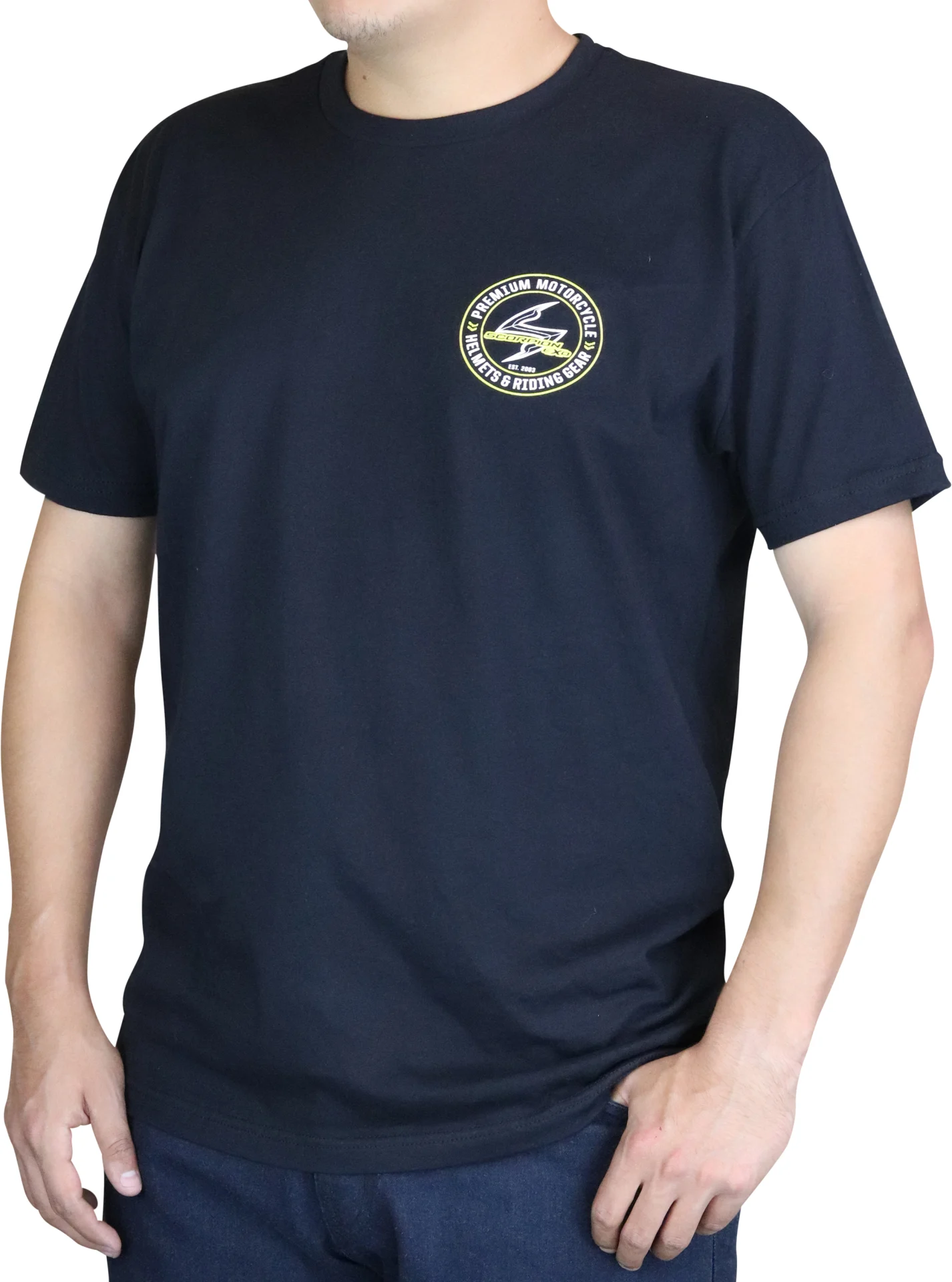Scorpion EXO Industry Shirt worn by a model, front view with round chest logo