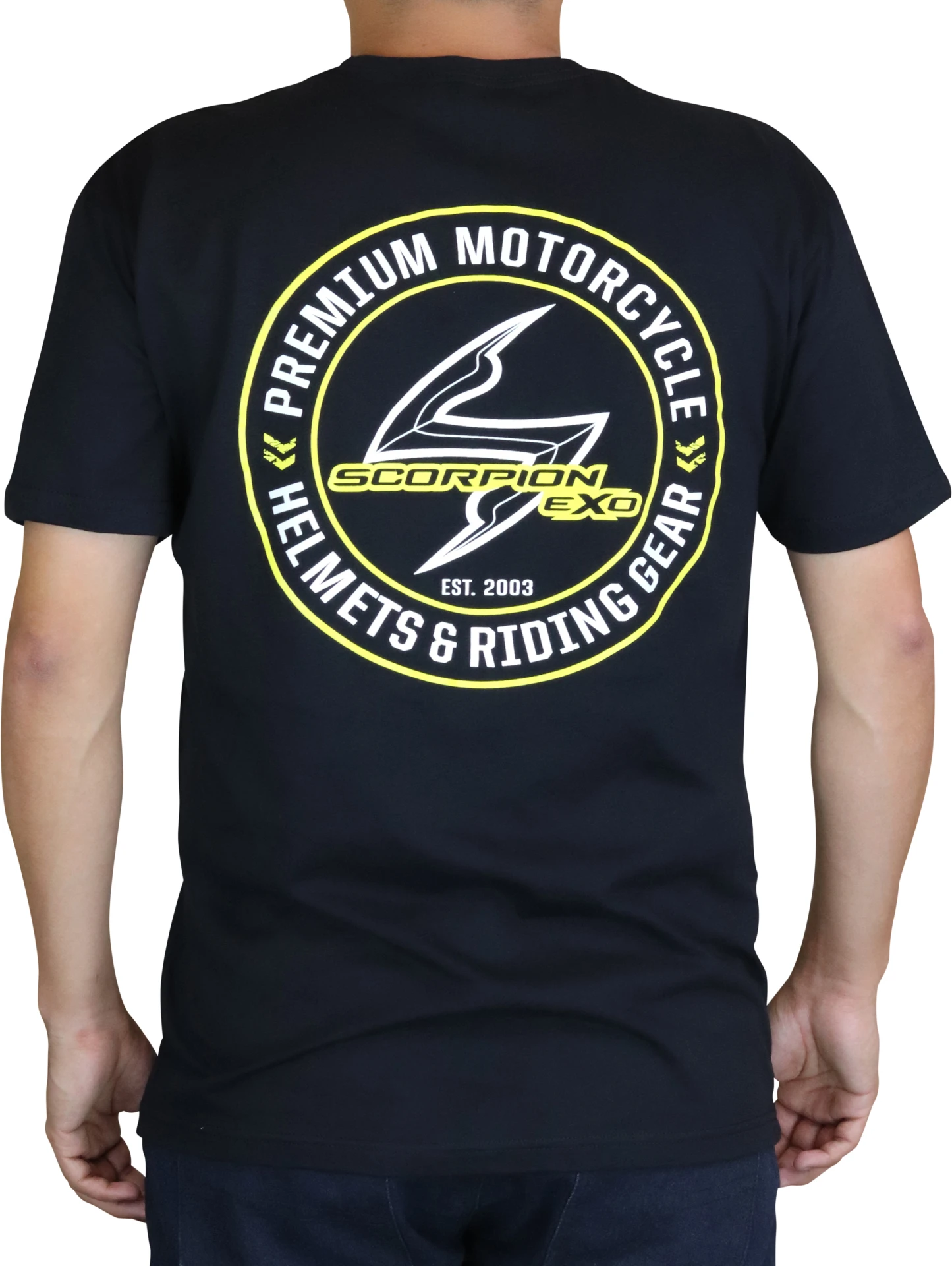 Scorpion EXO Industry Shirt worn by a model, back view with large Premium Motorcycle Helmets & Riding Gear graphic