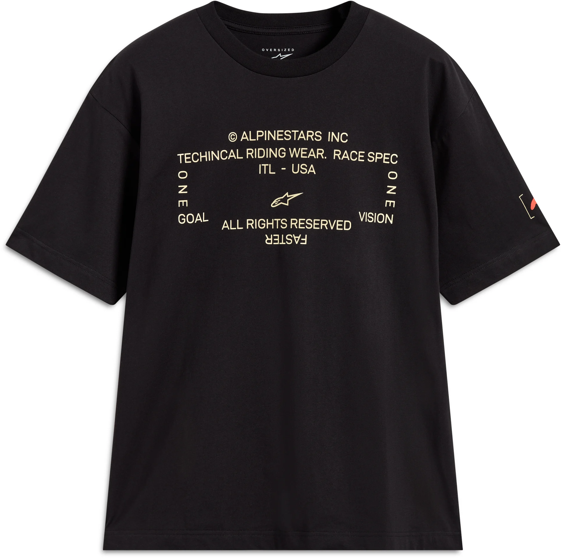Alpinestars Infinity Oversized Tee in black, front view with tan text graphic and sleeve logo