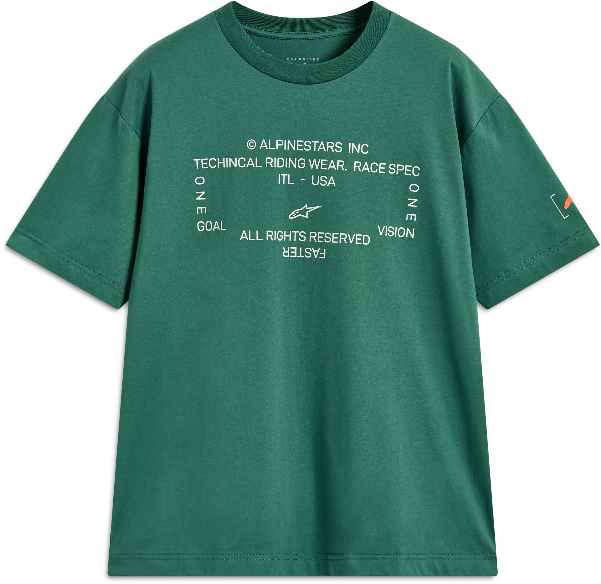 Alpinestars Infinity Oversized Tee in green, front view with white text graphic and sleeve logo