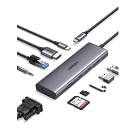 רכזת UGREEN USB-C 10-IN-1 3*USB 3.0 A+HDMI+VGA+RJ45 Gigabit+SD/TF+AUX3.5mm+PD אפור