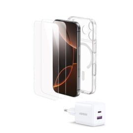 באנדל לאייפון 17 פרו הכולל: מטען קיר 30W + כיסוי MAGSAFE + מגן מסך זכוכית להרכבה עצמית