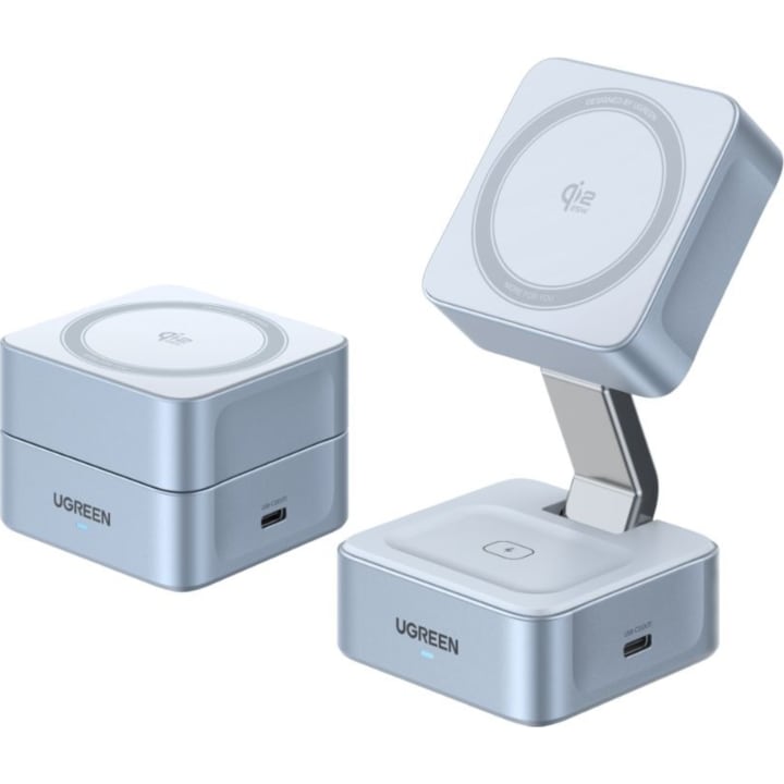 מעמד טעינה Ugreen 25W 2-in-1 qi2 Magnetic Wireless Charger כסוף