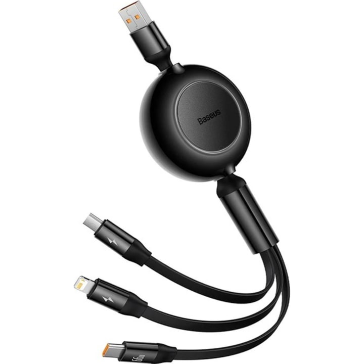 כבל טעינה נשלף Baseus Bright Mirror 2 Series Retractable 3-in-1 USB to M+L+C 66W שחור 1.1 מטר