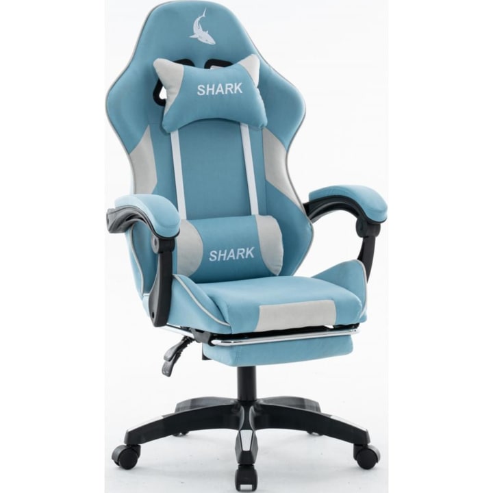 כיסא גיימינג כולל 2 כריות תמיכה והדום נשלף Shark תכלת לבן