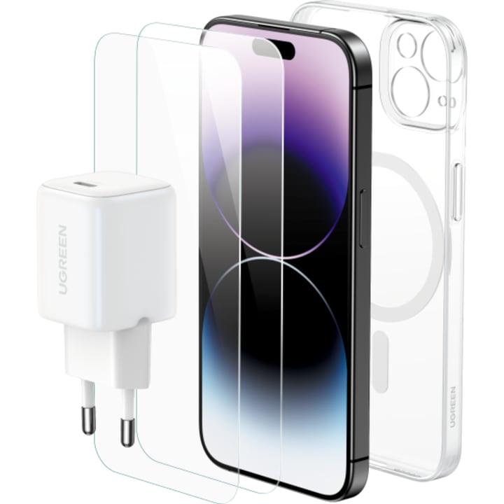 באנדל לאייפון 16 הכולל: מטען קיר 30W כיסוי MAGSAFE וזוג מגני מסך זכוכית