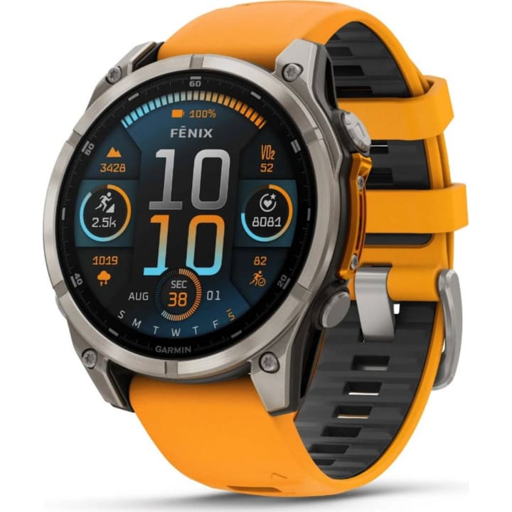 שעון חכם גרמין Garmin Fenix 8 AMOLED Sapphire 47mm טיטניום רצועת סיליקון כתומה