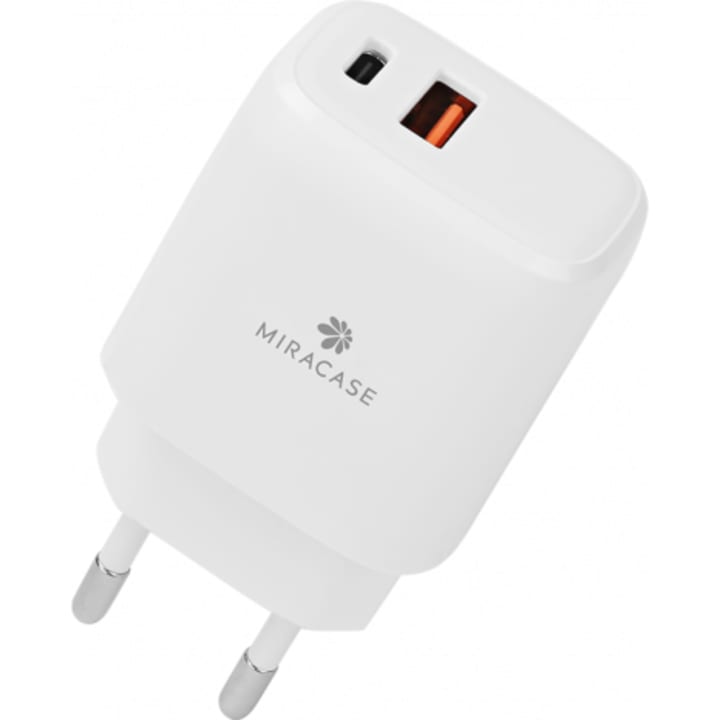 מטען קיר USB + Type C מירקייס Miracase QC 18W + PD 20W לבן