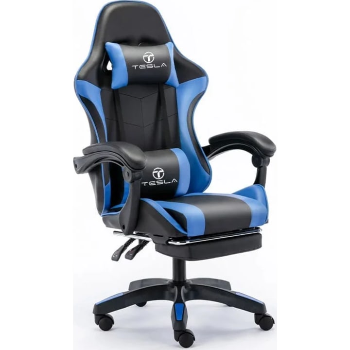כיסא גיימינג טסלה TESLA 7008 כחול כולל כרית עיסוי והדום נפתח