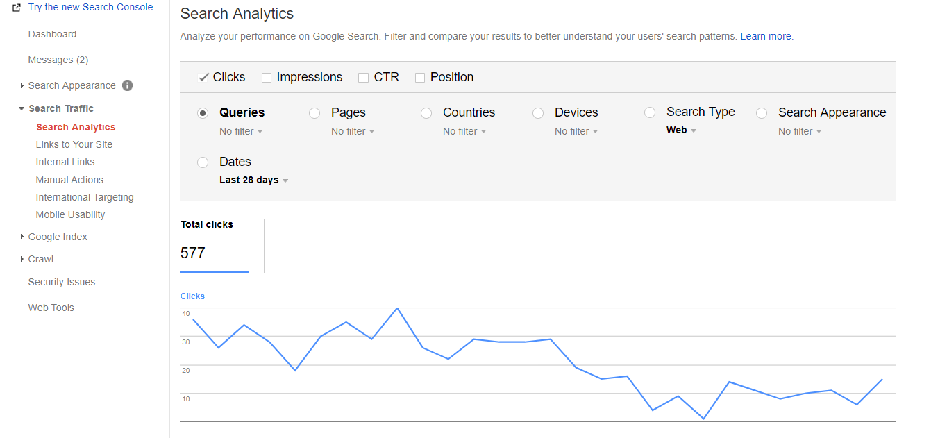 Search analytics data in search console