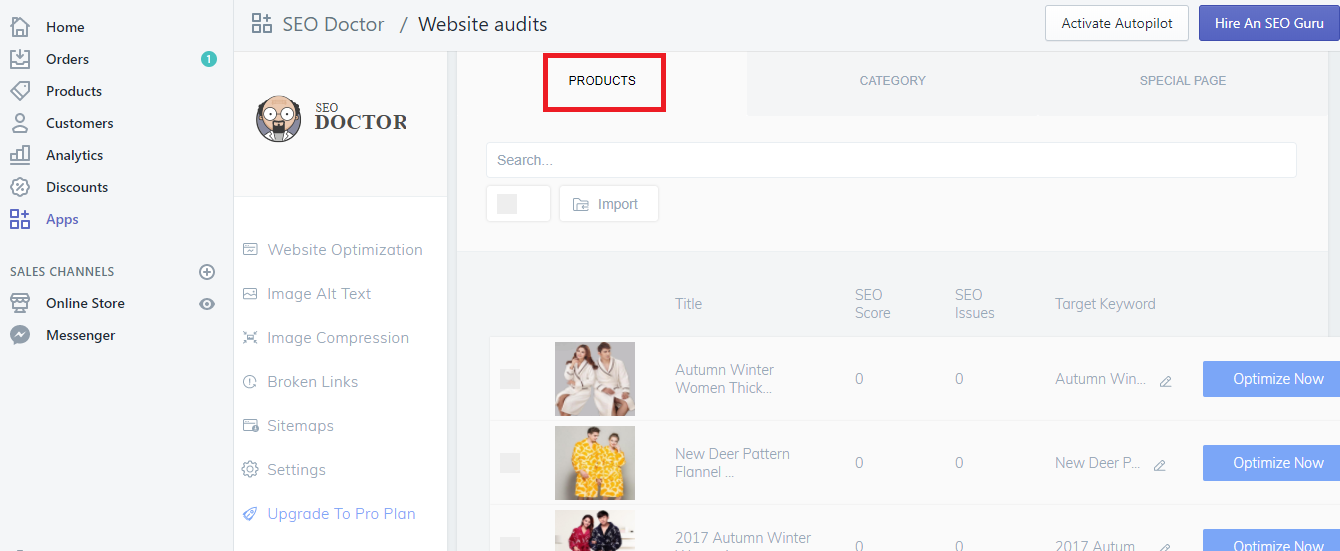 optimize products titles and meta descriptions inside Kudobuzz SEO Shopify app dashboard