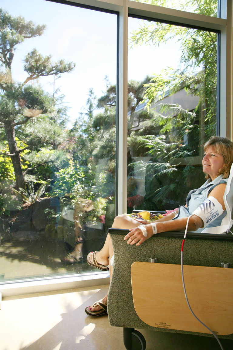 patient receiving infusion therapy while looking at garden at Samaritan Lebanon Community Hospital