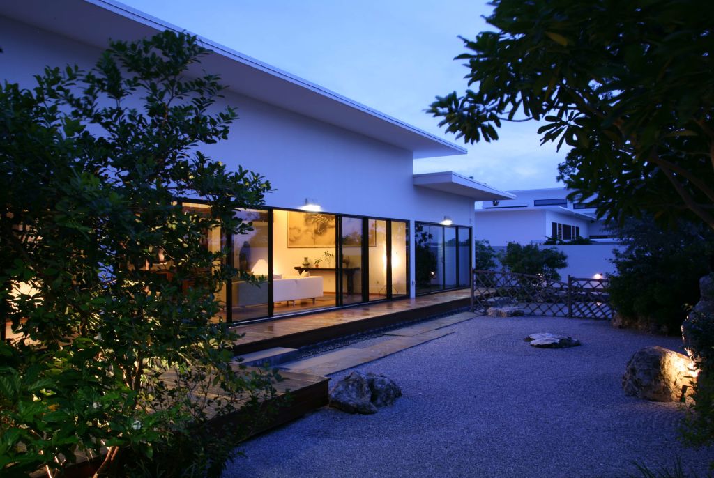 residence and rock garden at night, Grand Cayman residence