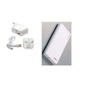 Dual usb power bank with charger - earpiece and cable - 20000mah black and white