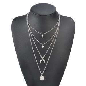 Trendy bohemian multilayered moon sun pendant necklace- silver