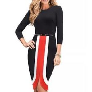 Triple-colored pencil dress with front slit